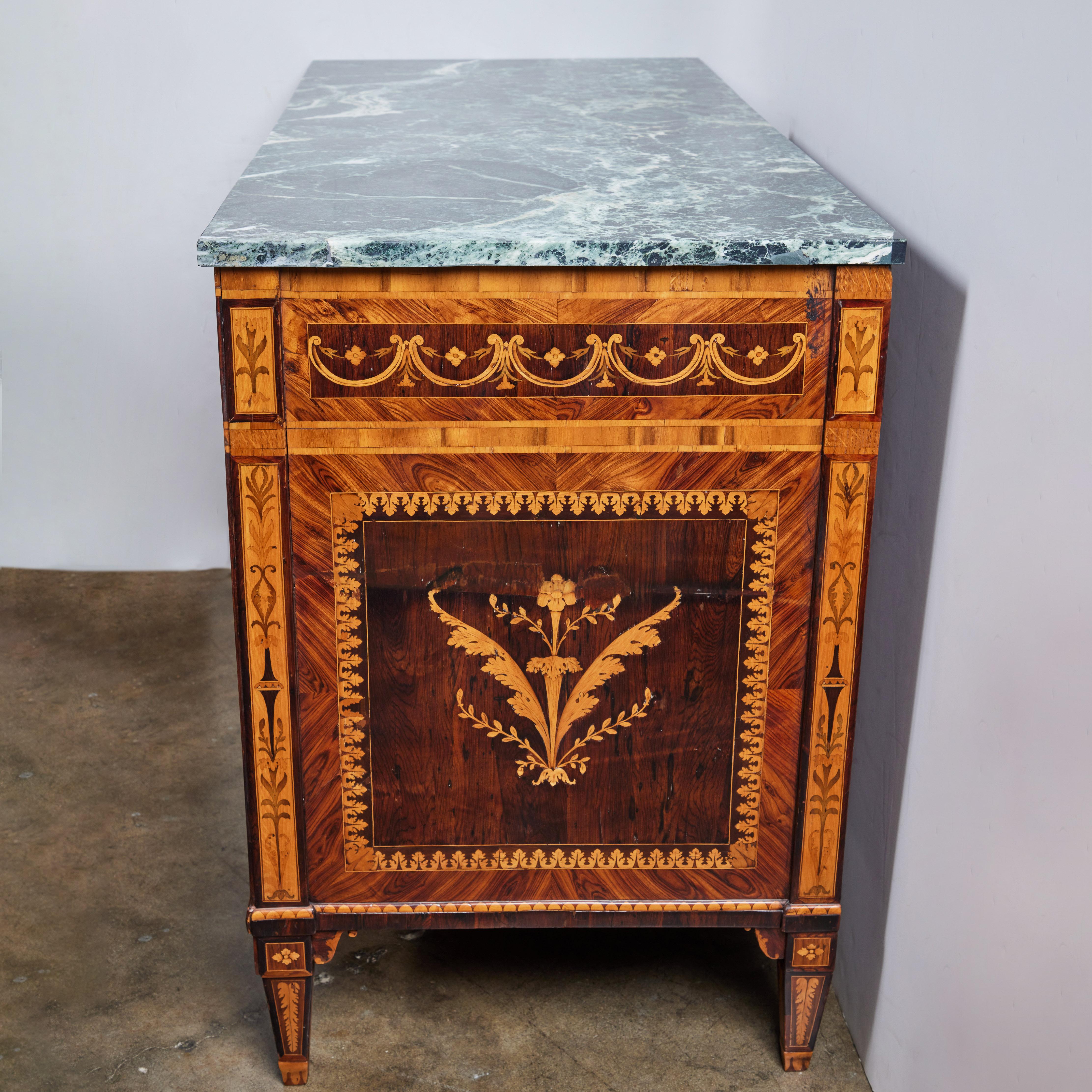 Neoclassical Fine Pair of Inlaid Marble Top Commodes For Sale
