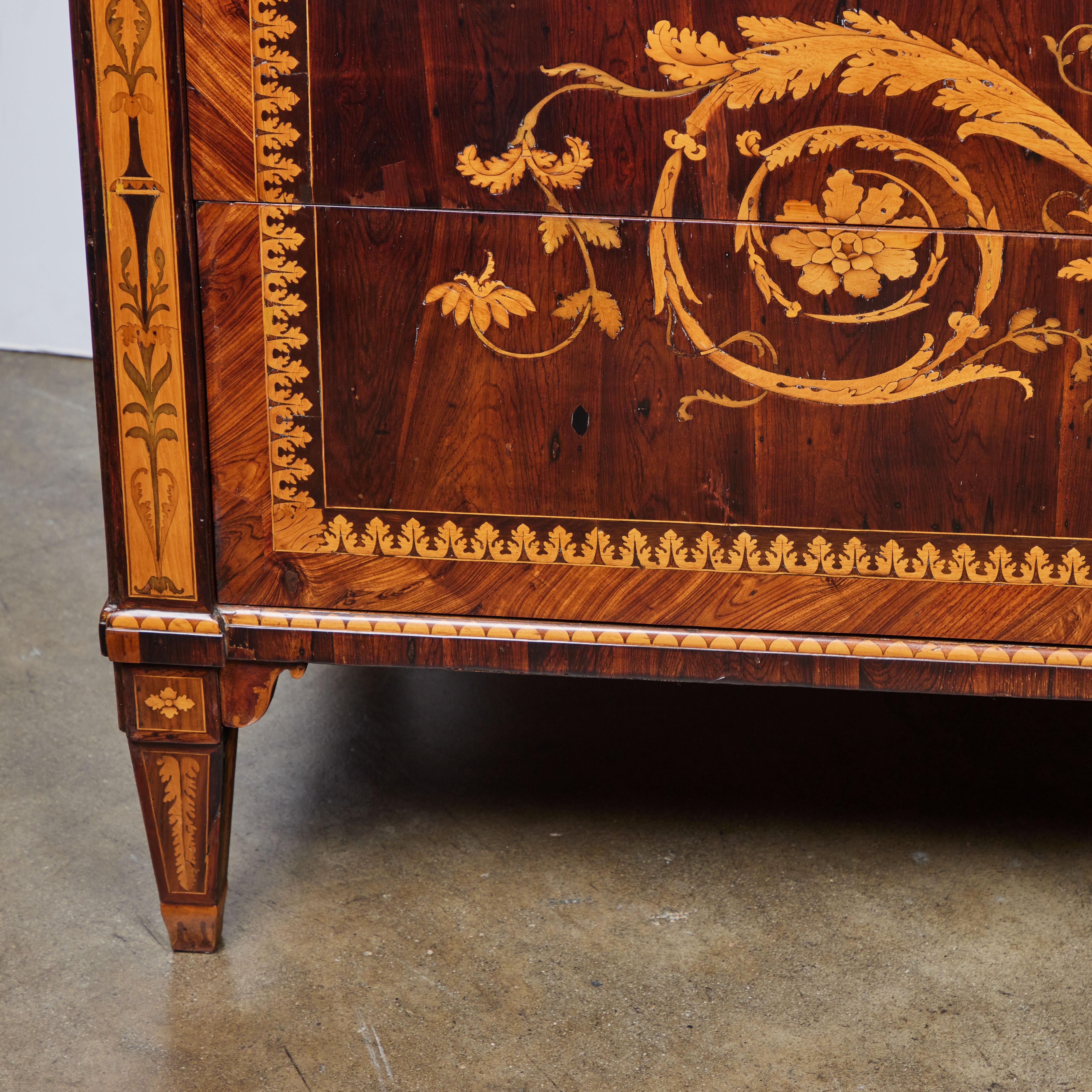 Late 18th Century Fine Pair of Inlaid Marble Top Commodes For Sale