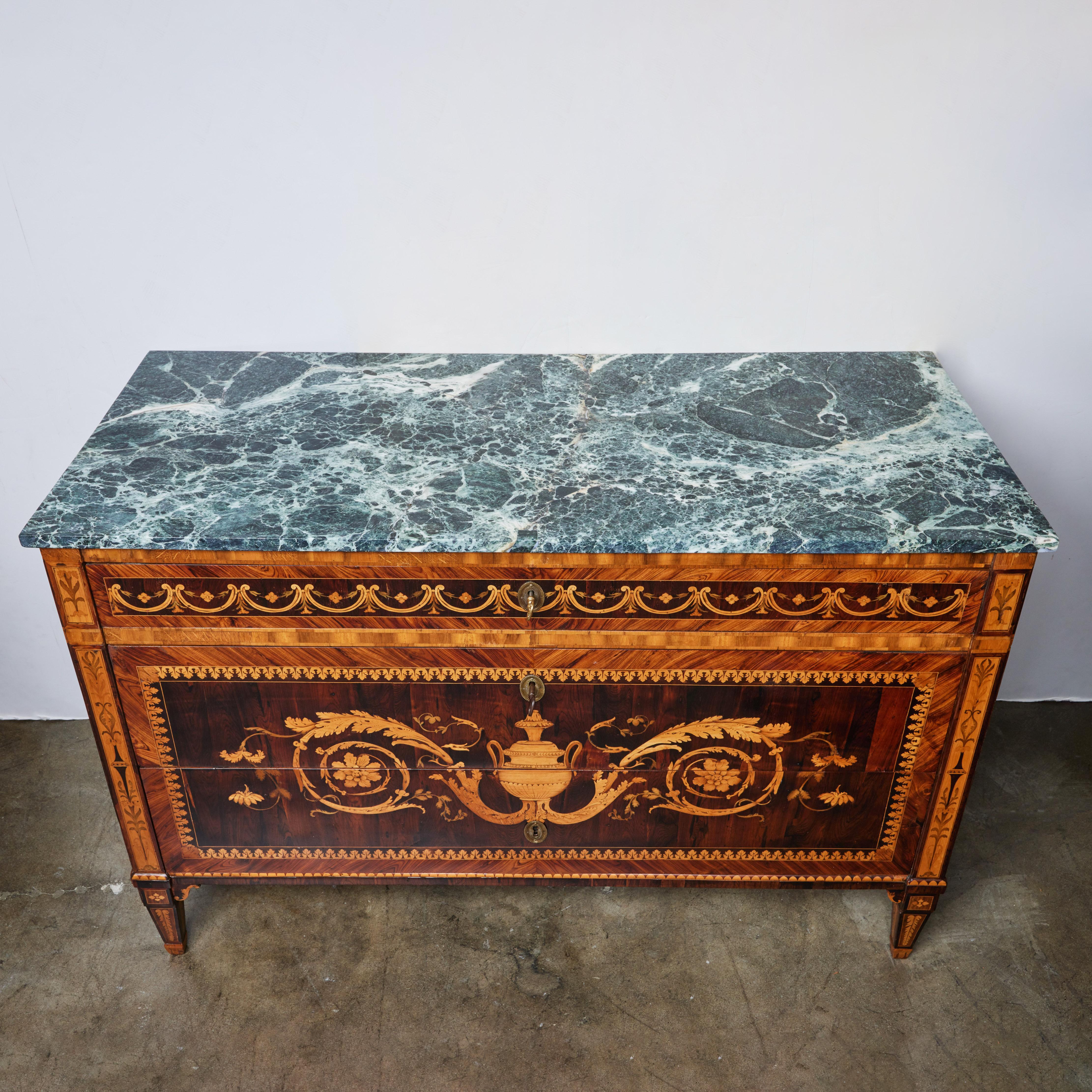 Fine Pair of Inlaid Marble Top Commodes For Sale 2