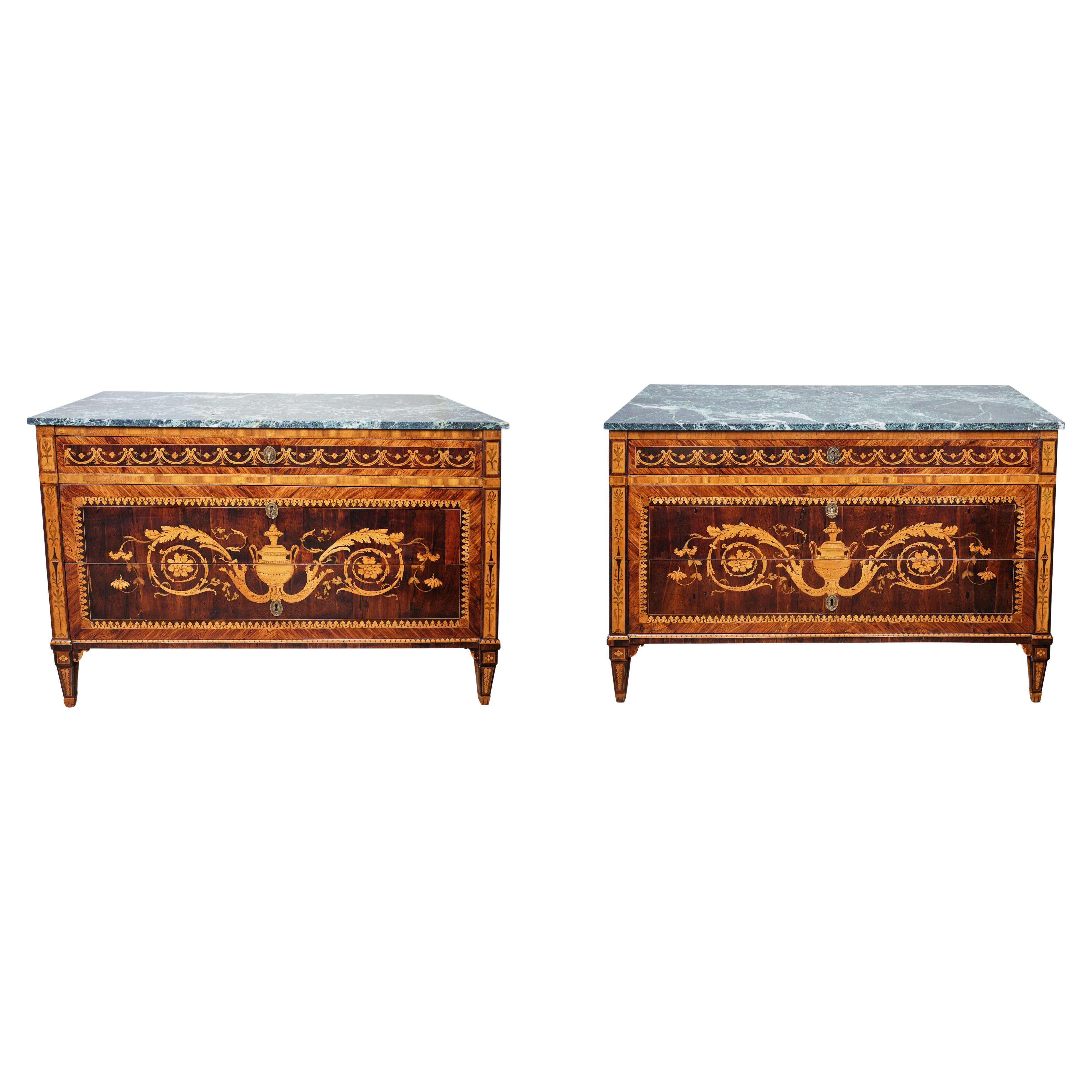 Fine Pair of Inlaid Marble Top Commodes For Sale