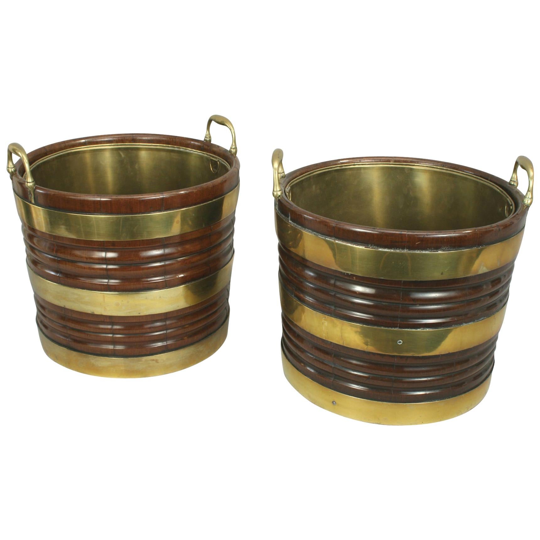 Fine Pair of Irish Peat Buckets in Mahogany and Brass For Sale