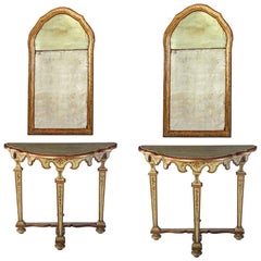 Antique Fine Pair of Italian 18th Century Painted Console Tables with Mirrors