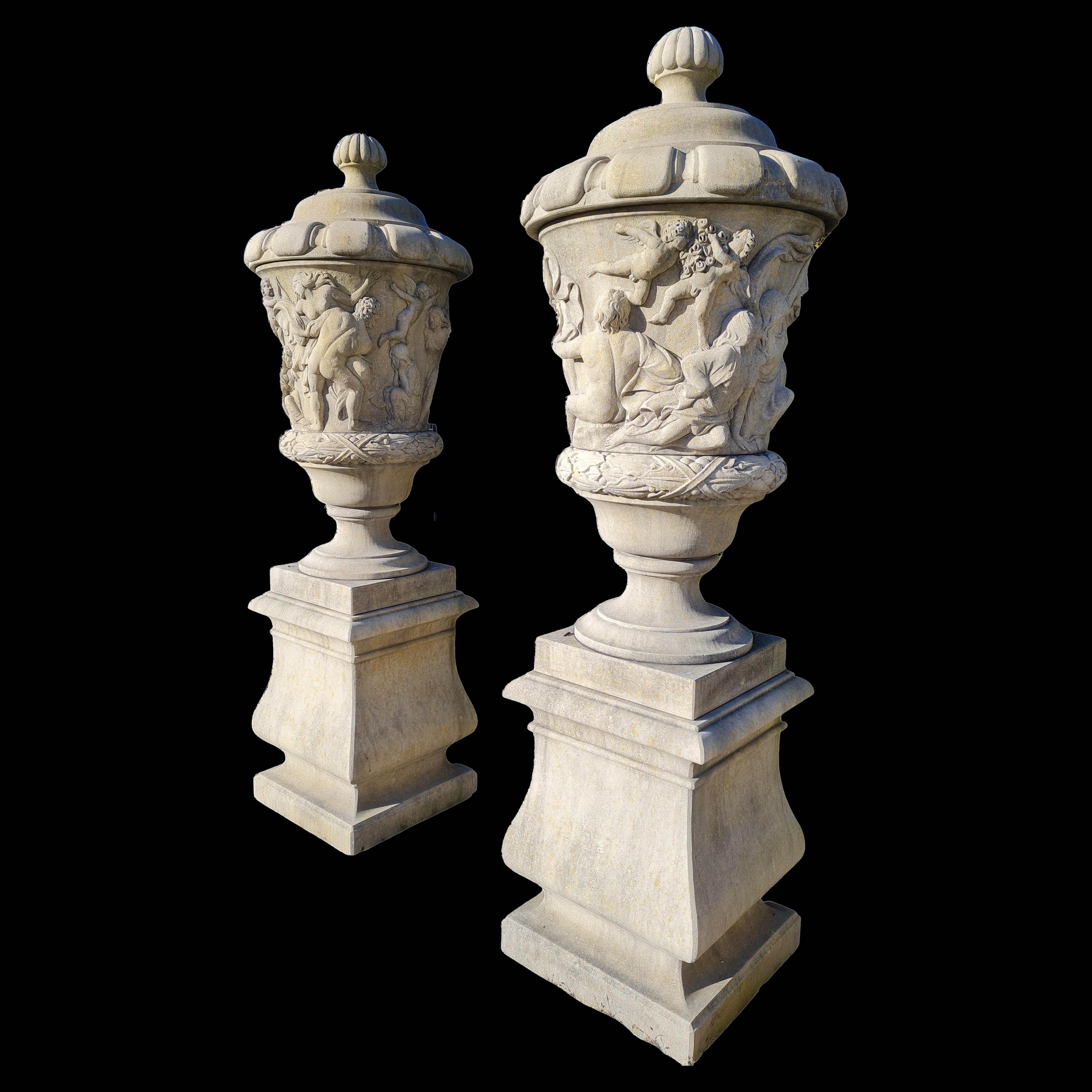 Neoclassical Fine Pair of Italian Carved Stone Garden Vases with Base For Sale