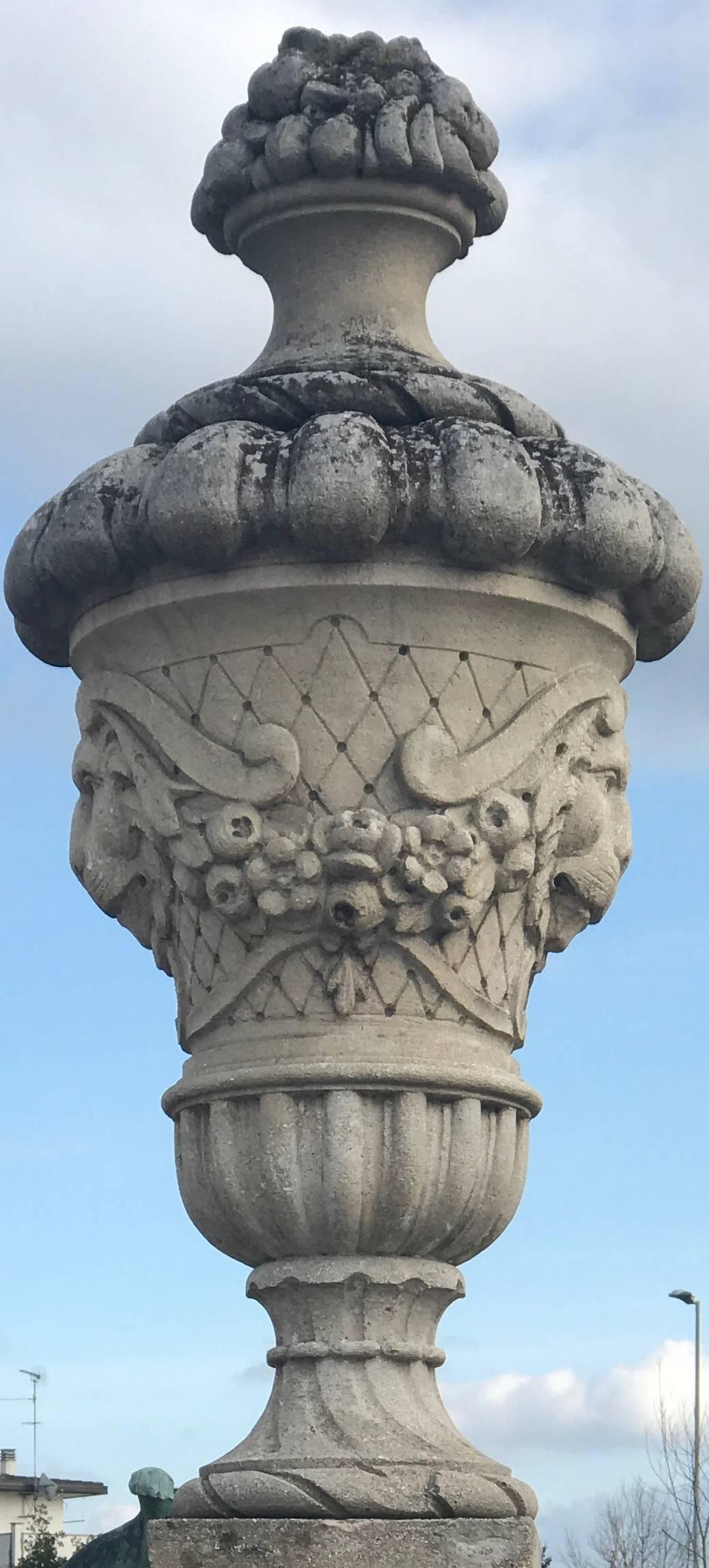 Fine Pair of Italian Carved Stone Lidded Urn Finials on Bases For Sale 2