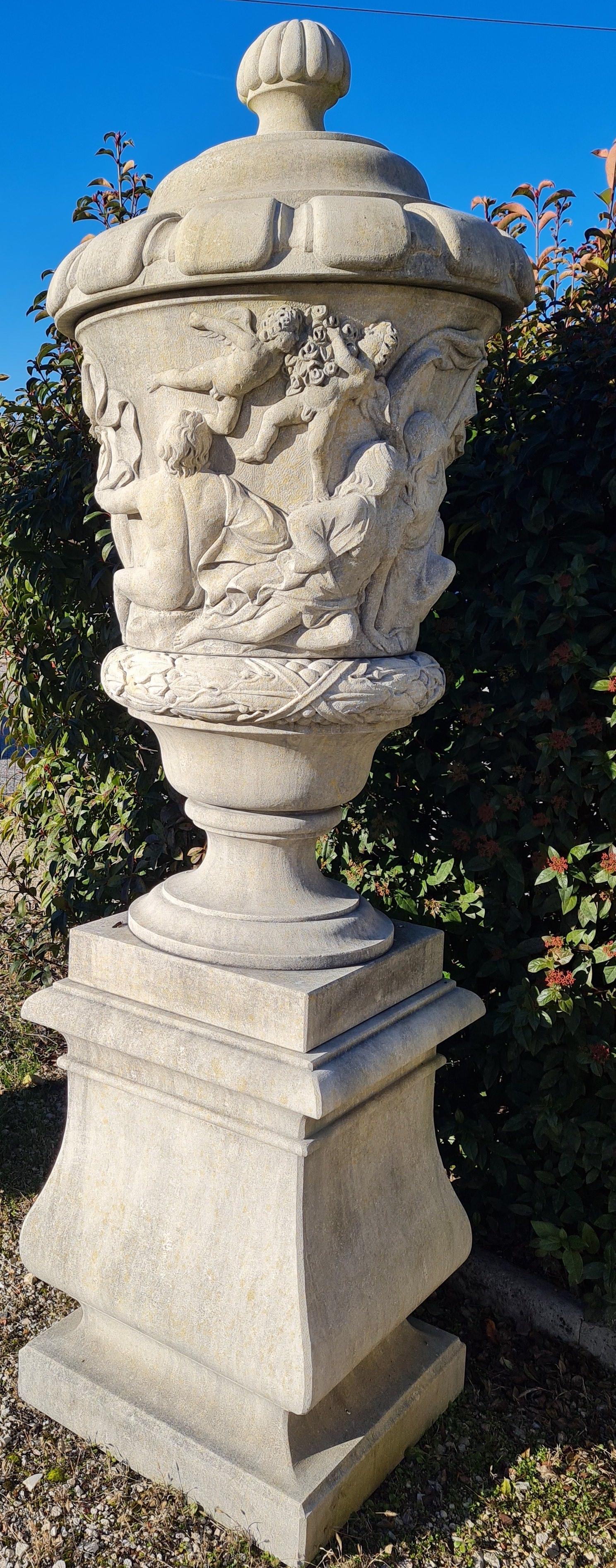 Fine Pair of Italian Carved Stone Garden Vases with Base For Sale 1