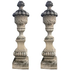 Vintage Fine Pair of Italian Carved Stone Garden Vases with Base