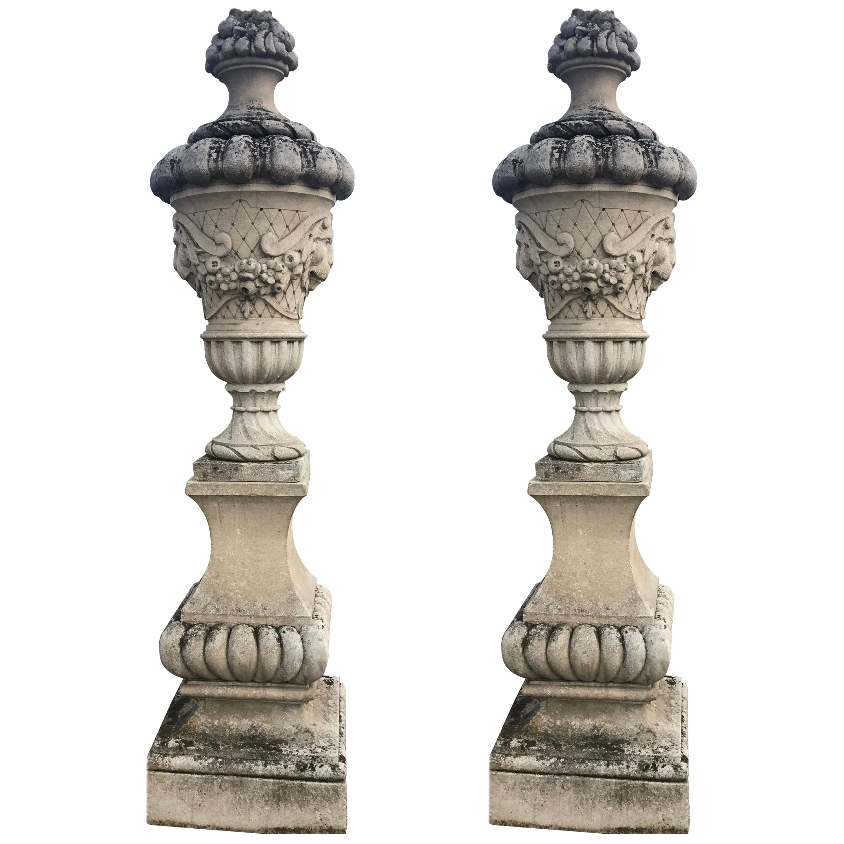 Fine Pair of Italian Carved Stone Garden Vases with Base For Sale