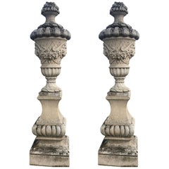 Fine Pair of Italian Carved Stone Garden Vases with Base
