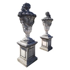 Fine Pair of Italian Carved Stone Garden Vases with Bases