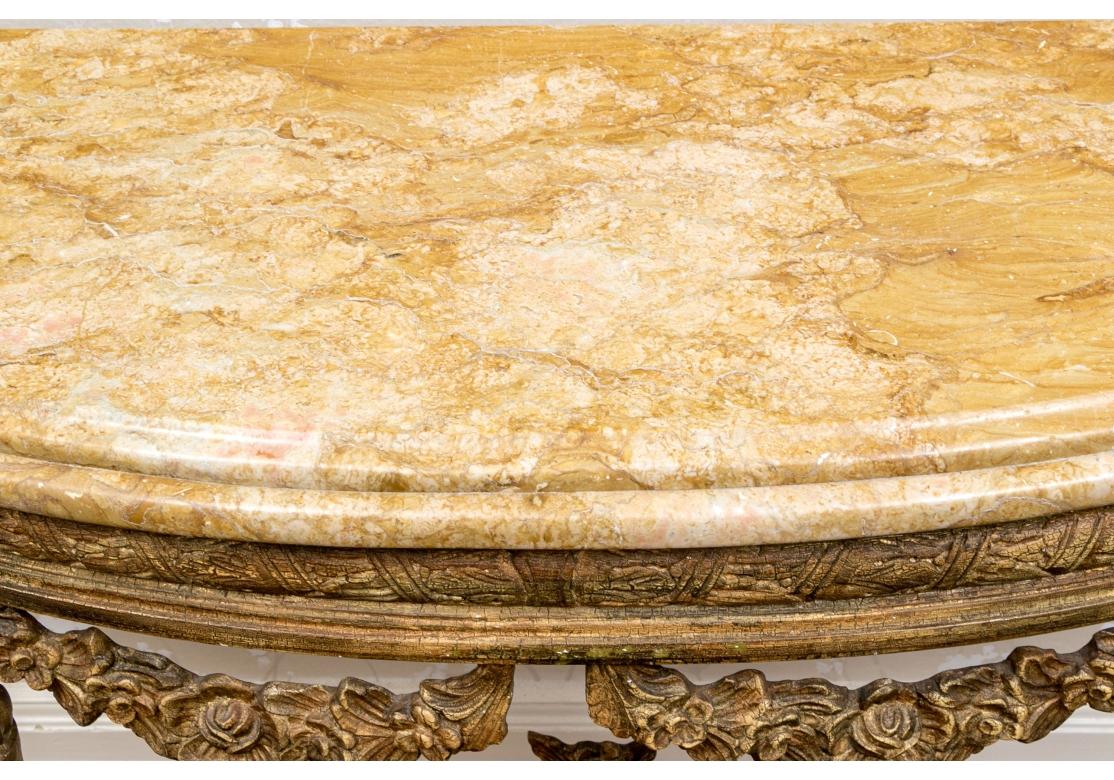 Carved Fine Pair Of Italianate Stone Top Demi Lune Consoles for Restoration For Sale