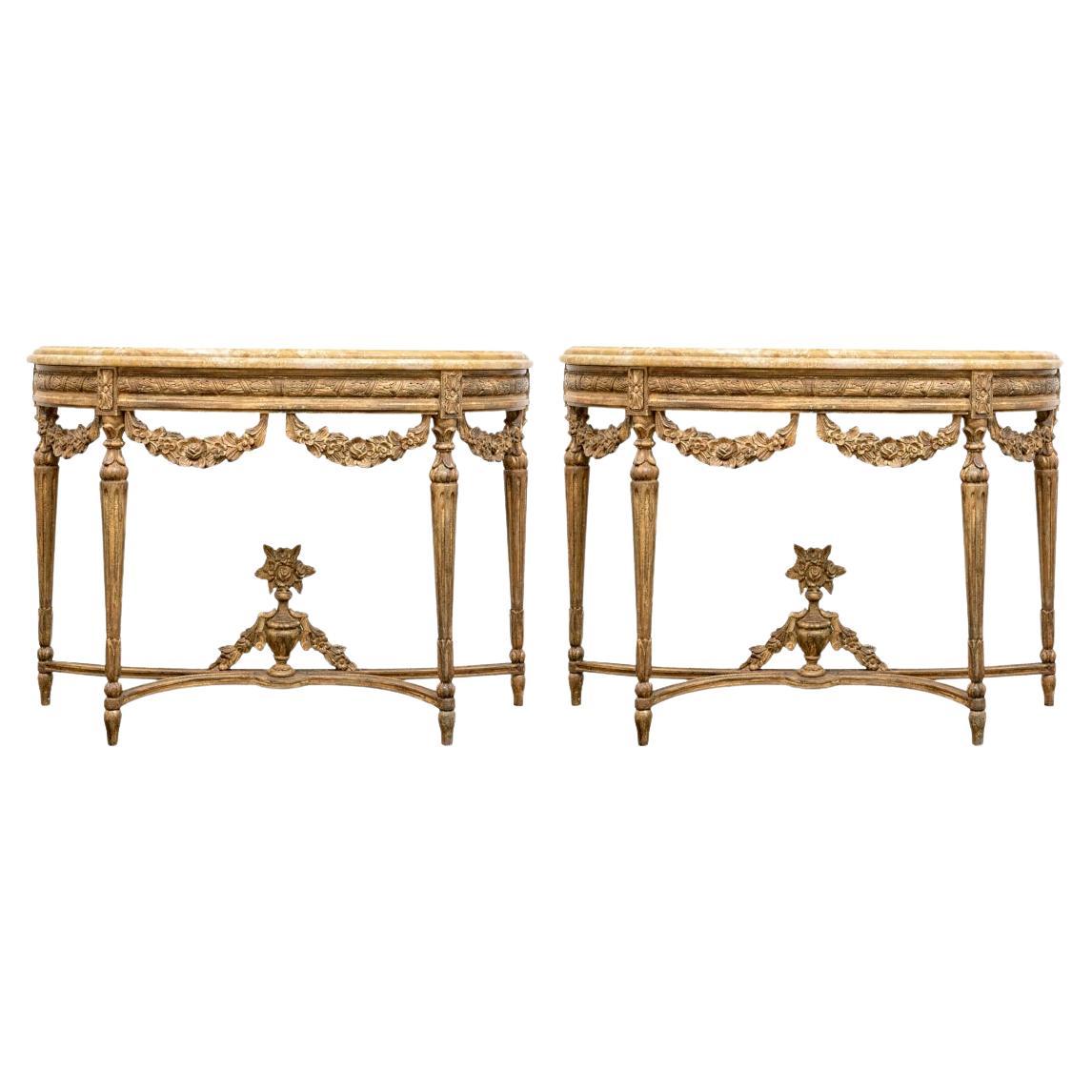 Fine Pair Of Italianate Stone Top Demi Lune Consoles for Restoration For Sale