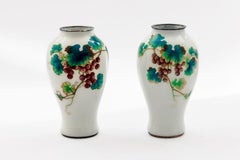 Fine Pair of Japanese Cloisonné Enamel Vases by Ando with Grapes on White Ground