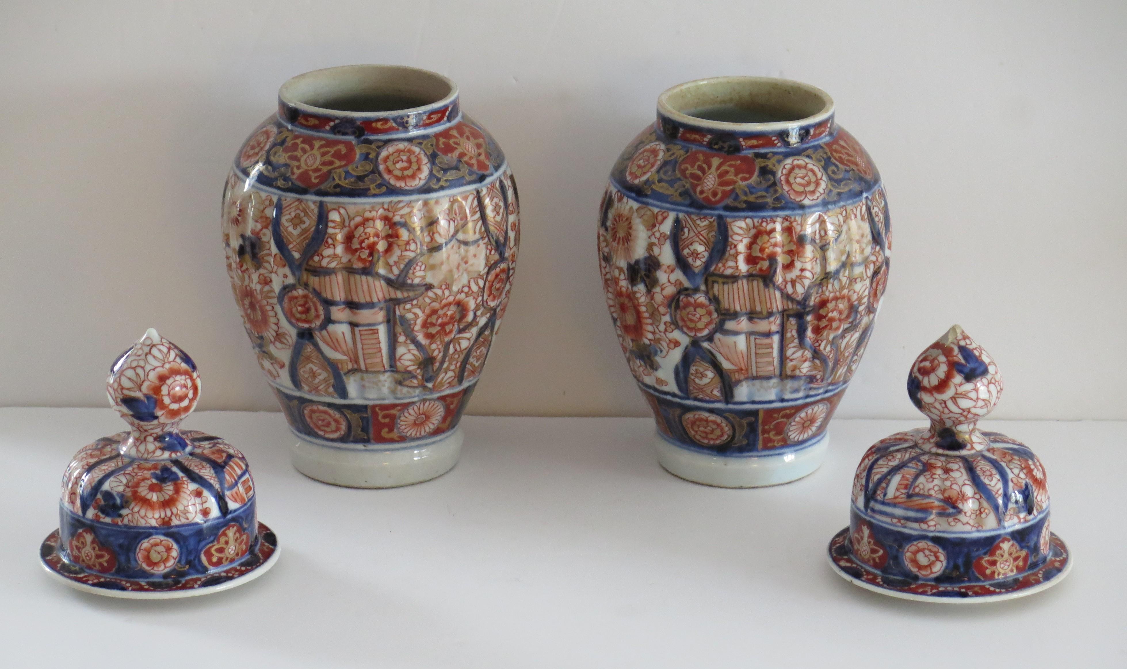 19th Century Pair Japanese Porcelain Lidded Vases Imari Hand Painted, Edo Period circa 1830 For Sale