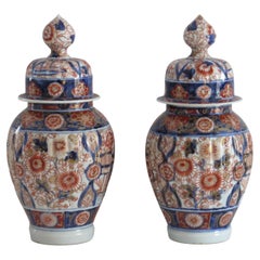 Antique Pair Japanese Porcelain Lidded Vases Imari Hand Painted, Edo Period circa 1830