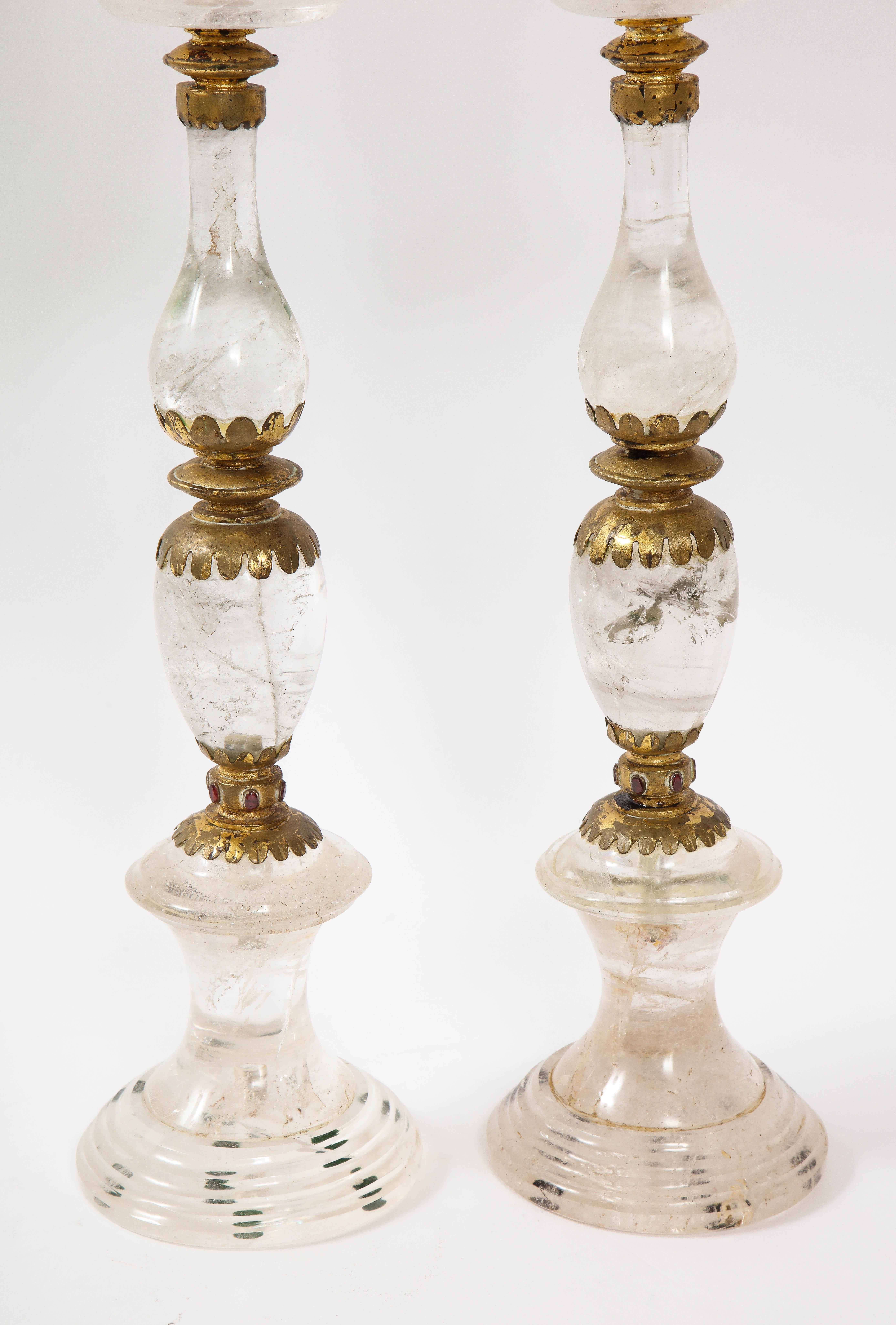 Fine Pair of Jeweled French Art Deco Rock Crystal Candlesticks Att. to 