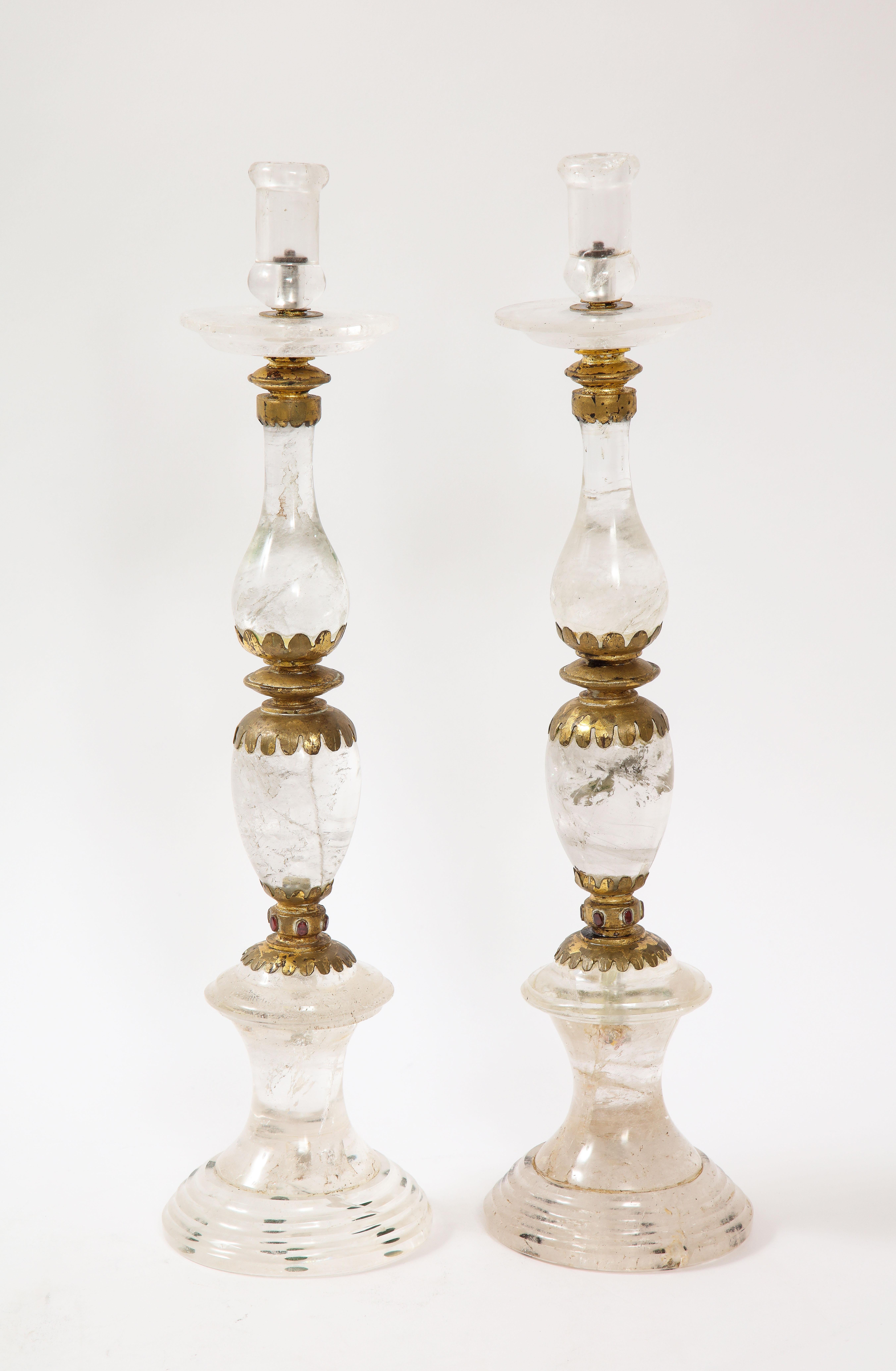 Inlay Fine Pair of Jeweled French Art Deco Rock Crystal Candlesticks Att. to 