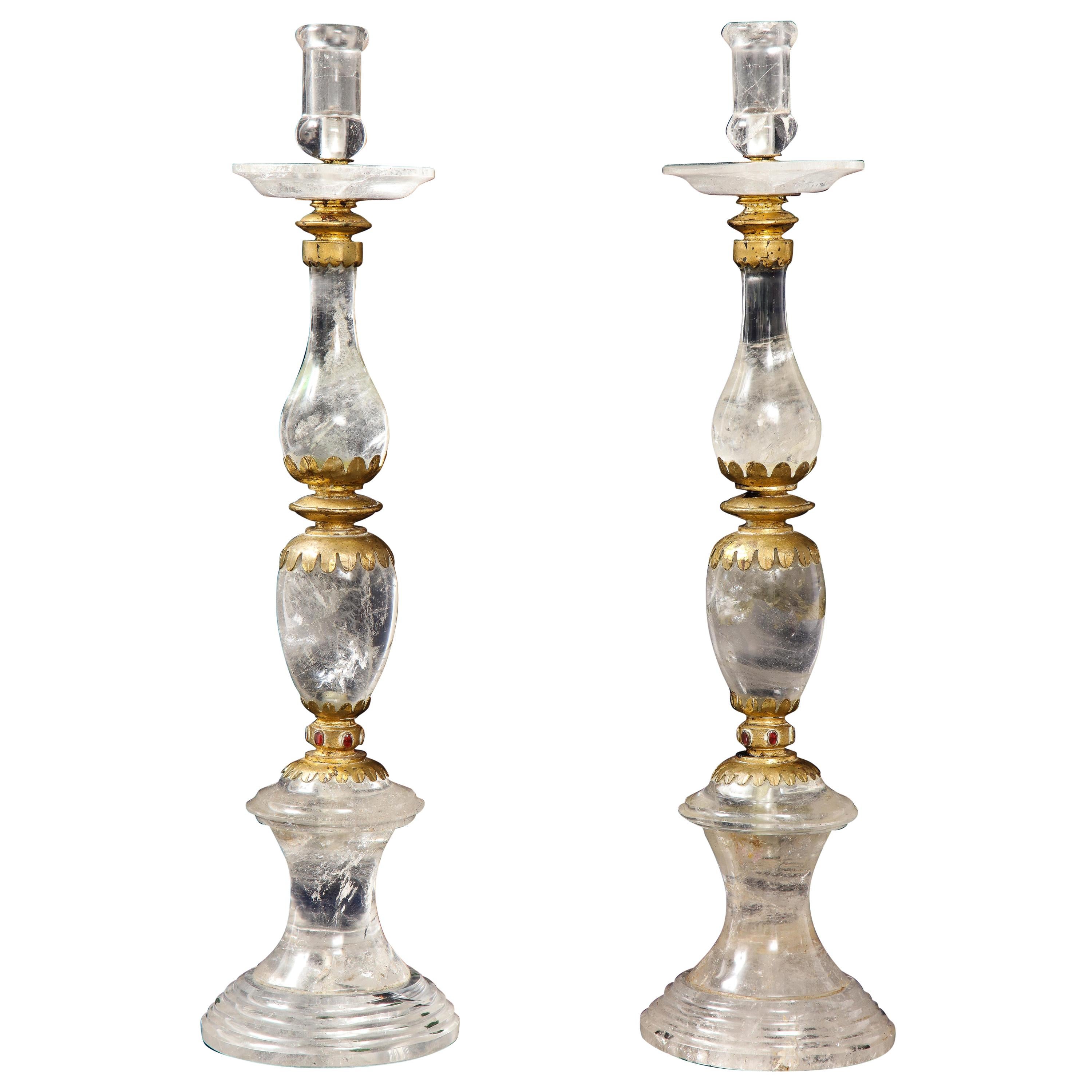 Fine Pair of Jeweled French Art Deco Rock Crystal Candlesticks Att. to "Bagues" For Sale