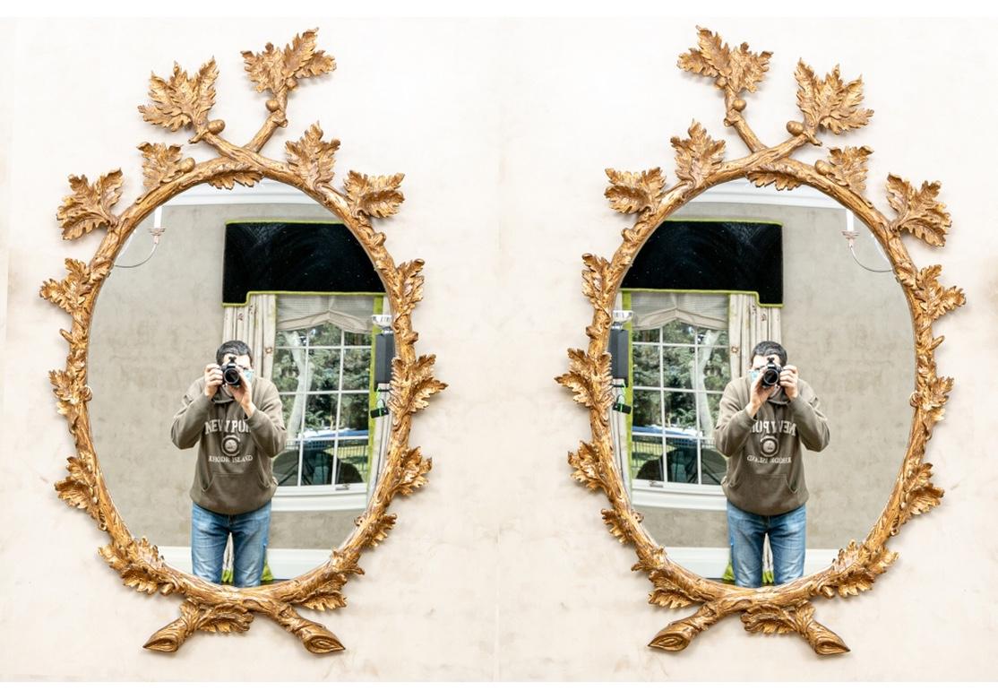 Hollywood Regency Fine Pair of John Rosselli Gilt Wood Mirrors with Carved Acorns & Oak Leaves