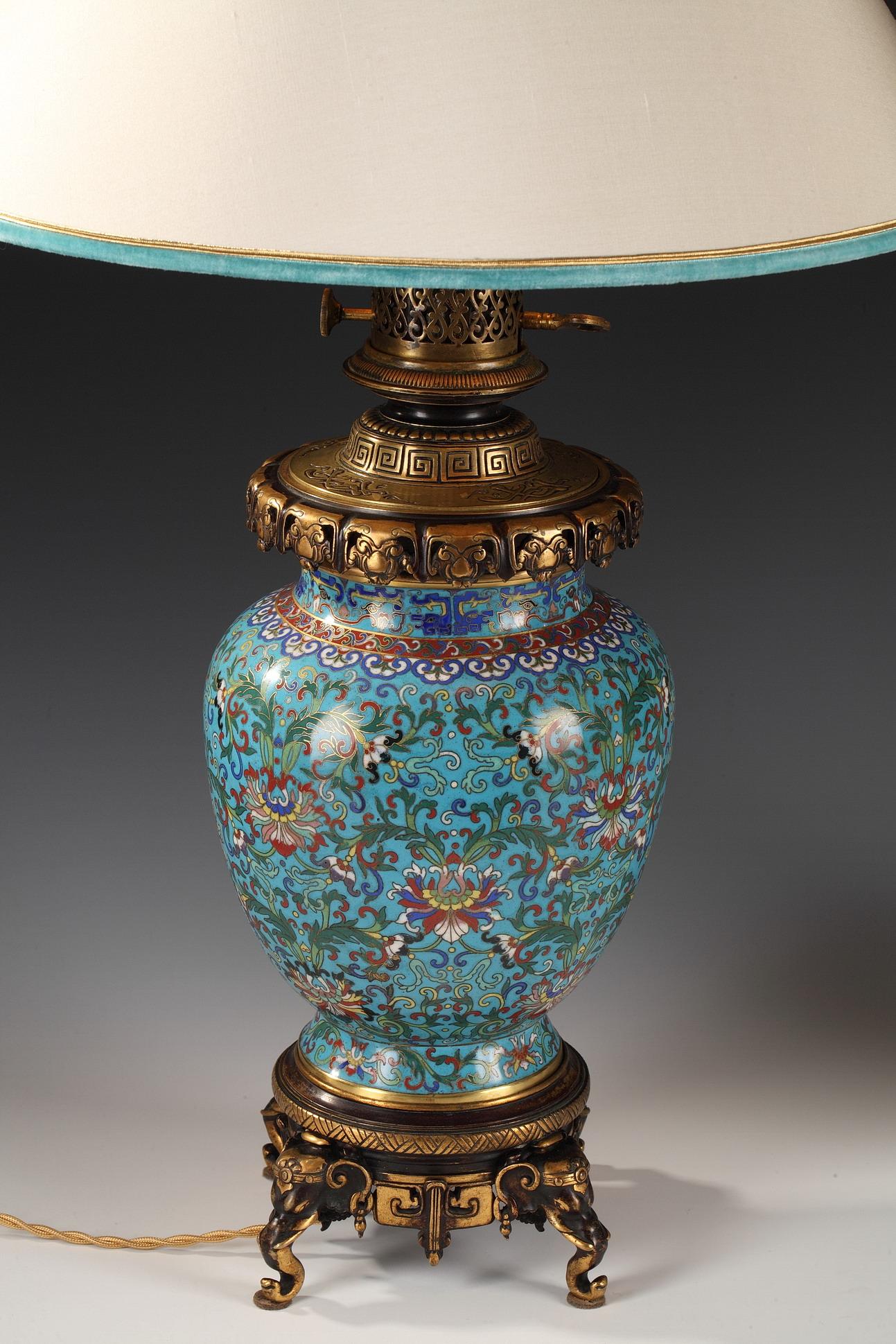 French Fine Pair of Cloisonné Enamel Lamps by Gagneau, France, Circa 1880