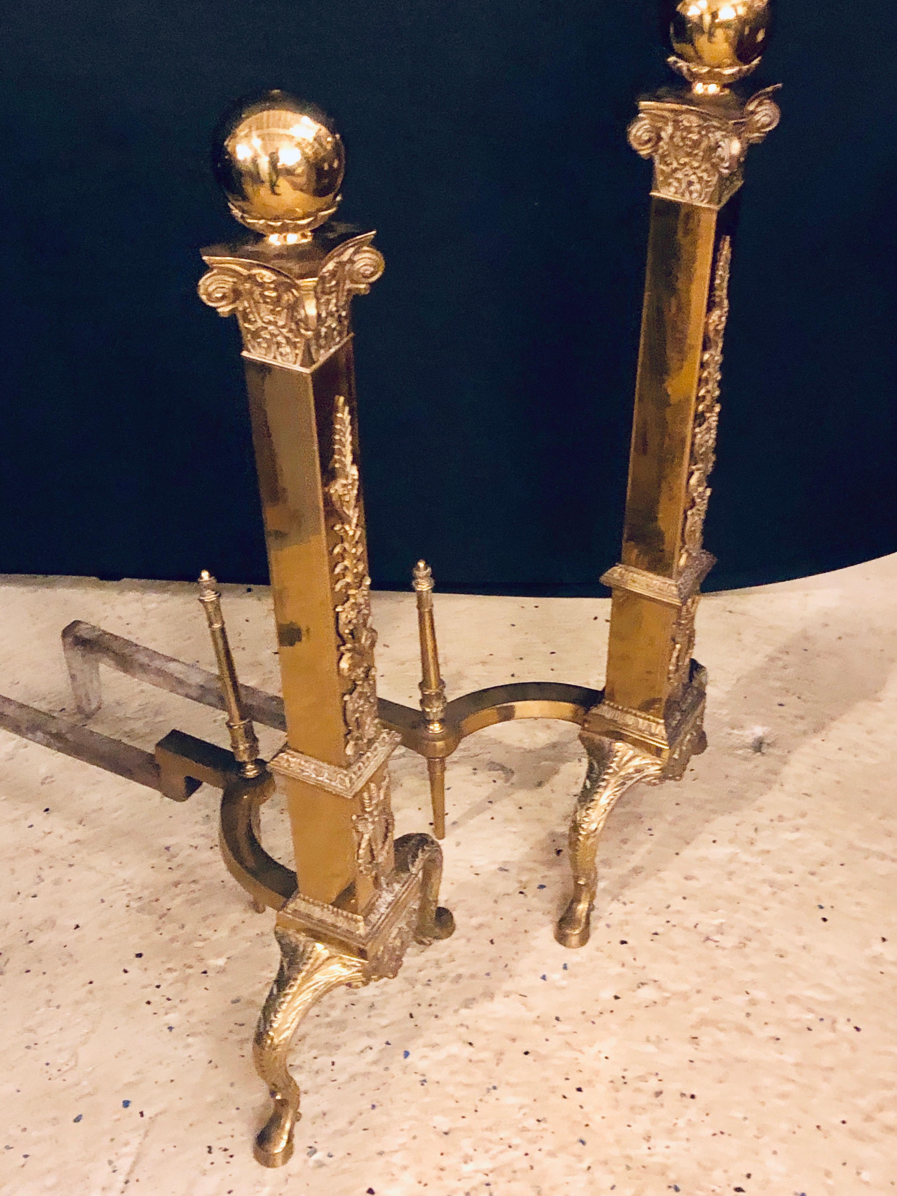 French Fine Pair of Large and Impressive Louis XVI Style Brass and Irons For Sale