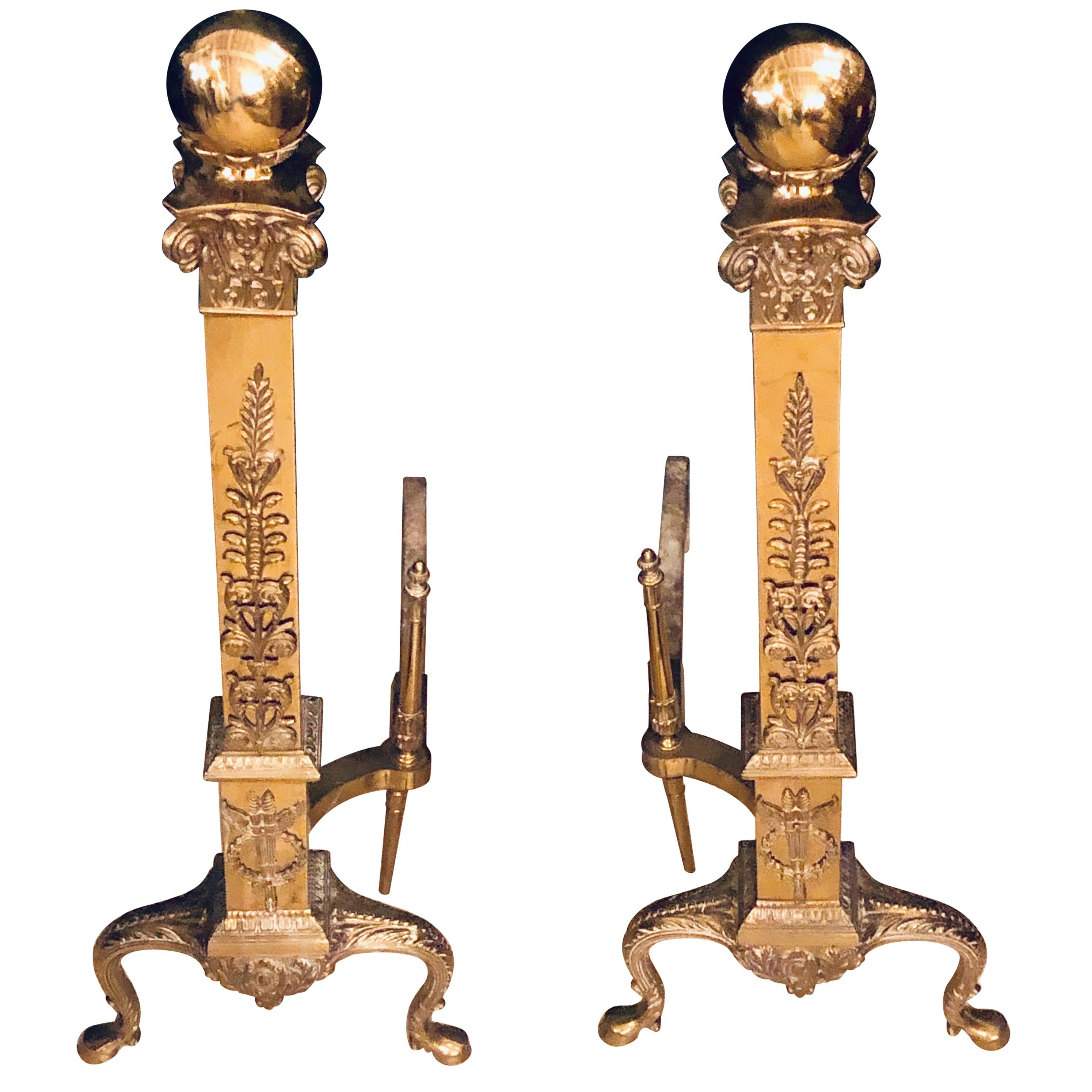 Fine Pair of Large and Impressive Louis XVI Style Brass and Irons