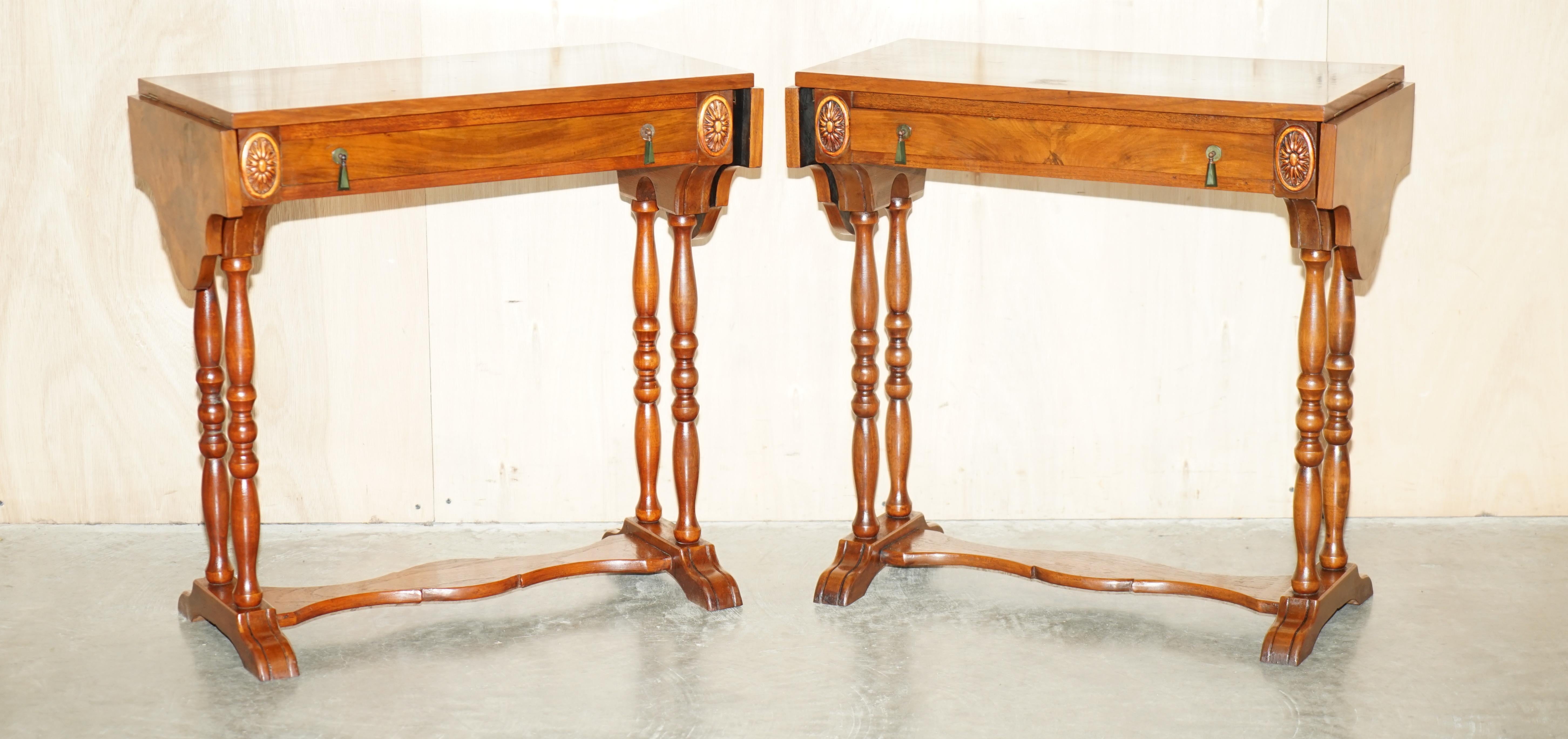 We are delighted to offer for sale this stunning and very rare pair of vintage, Burr figured Walnut occasional tables with extending tops 

A super decorative and well made pair, I have never seen them in Burr Walnut before, usually its beach with