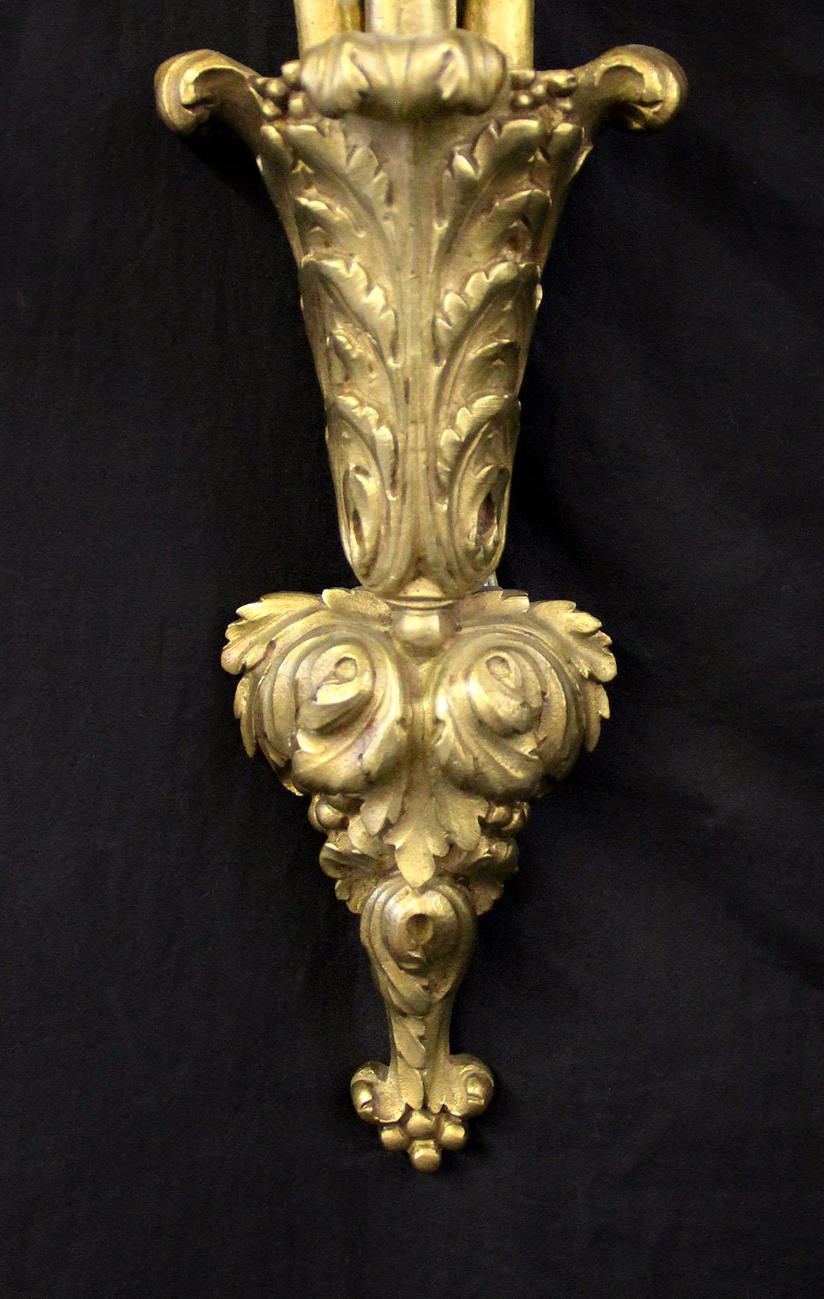 Fine Pair of Late 19th Century Gilt Bronze and French Crystal Five-Light Sconces For Sale 1