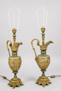 Feines Paar vergoldeter Metall-Tischlampen in Form einer Kanne aus dem späten 19. Jahrhundert, ca. 1890
