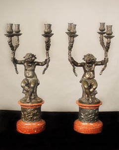 Fine Pair of Late 19th Century Patinated Bronze and Marble Four Light Candelabra