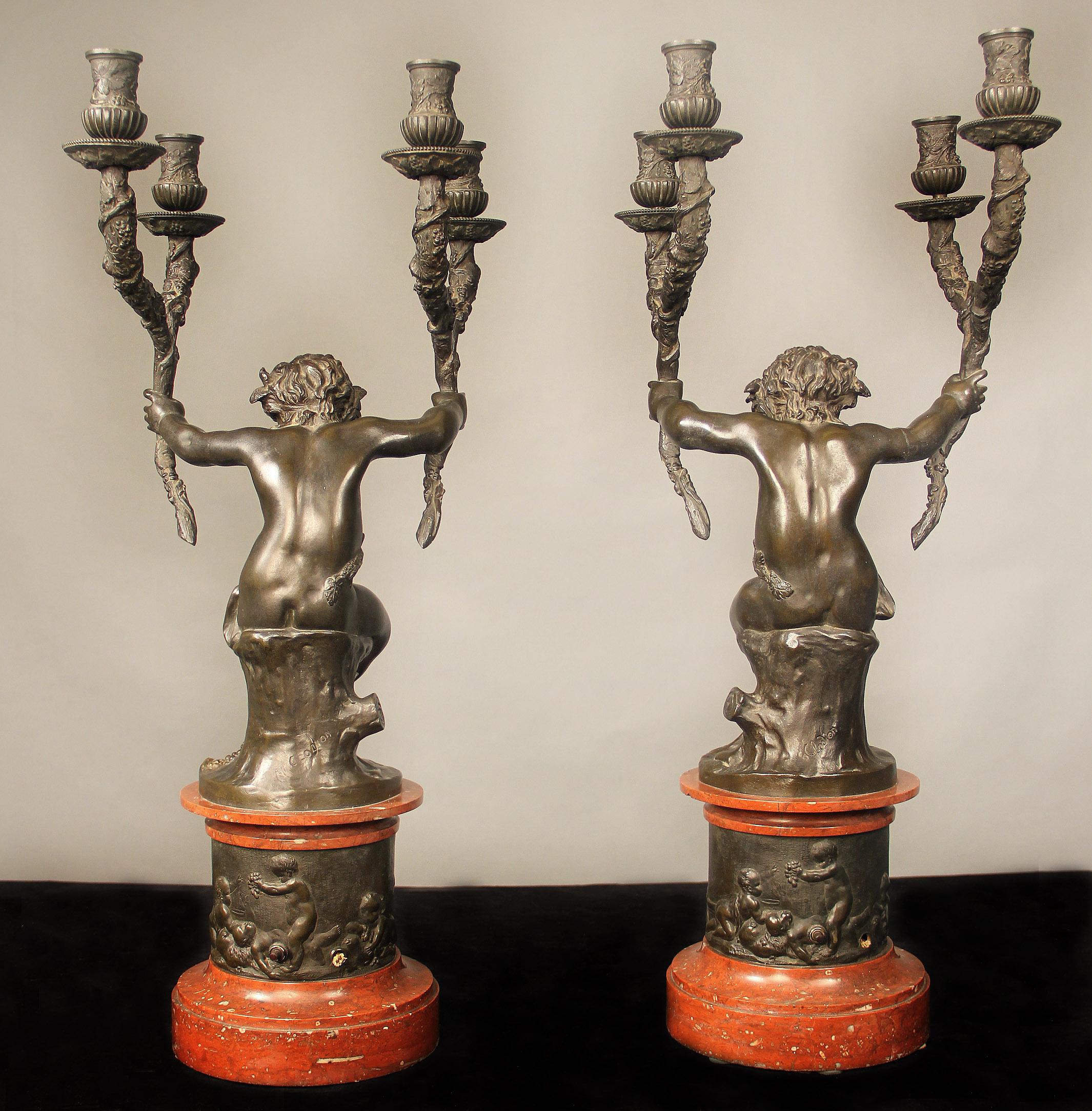 Fine Pair of Late 19th Century Patinated Bronze and Marble Four Light Candelabra In Good Condition For Sale In New York, NY