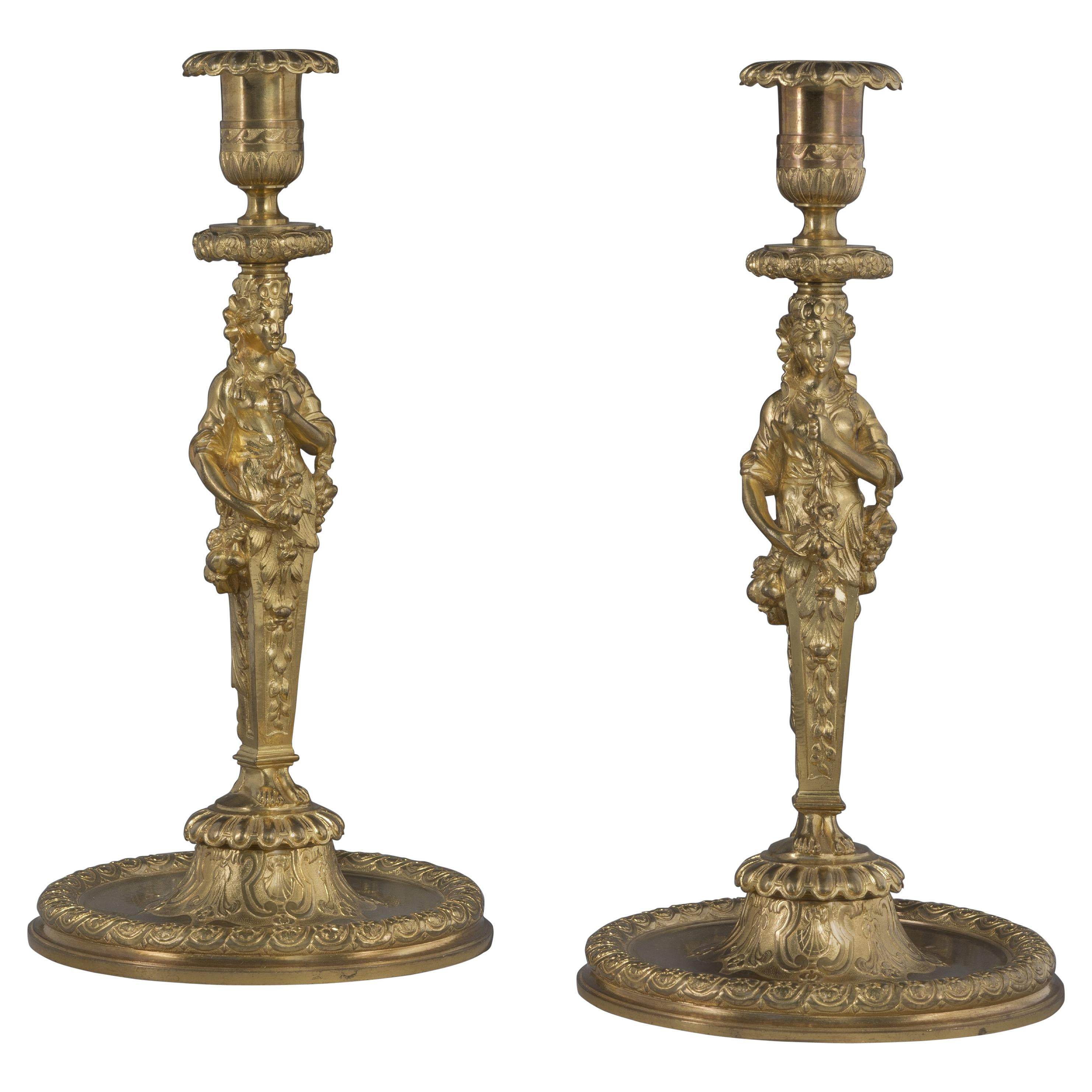 Fine Pair of Louis XIV Style Gilt Bronze Figural Candlesticks, circa 1860 For Sale