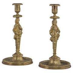 Antique Fine Pair of Louis XIV Style Gilt Bronze Figural Candlesticks, circa 1860