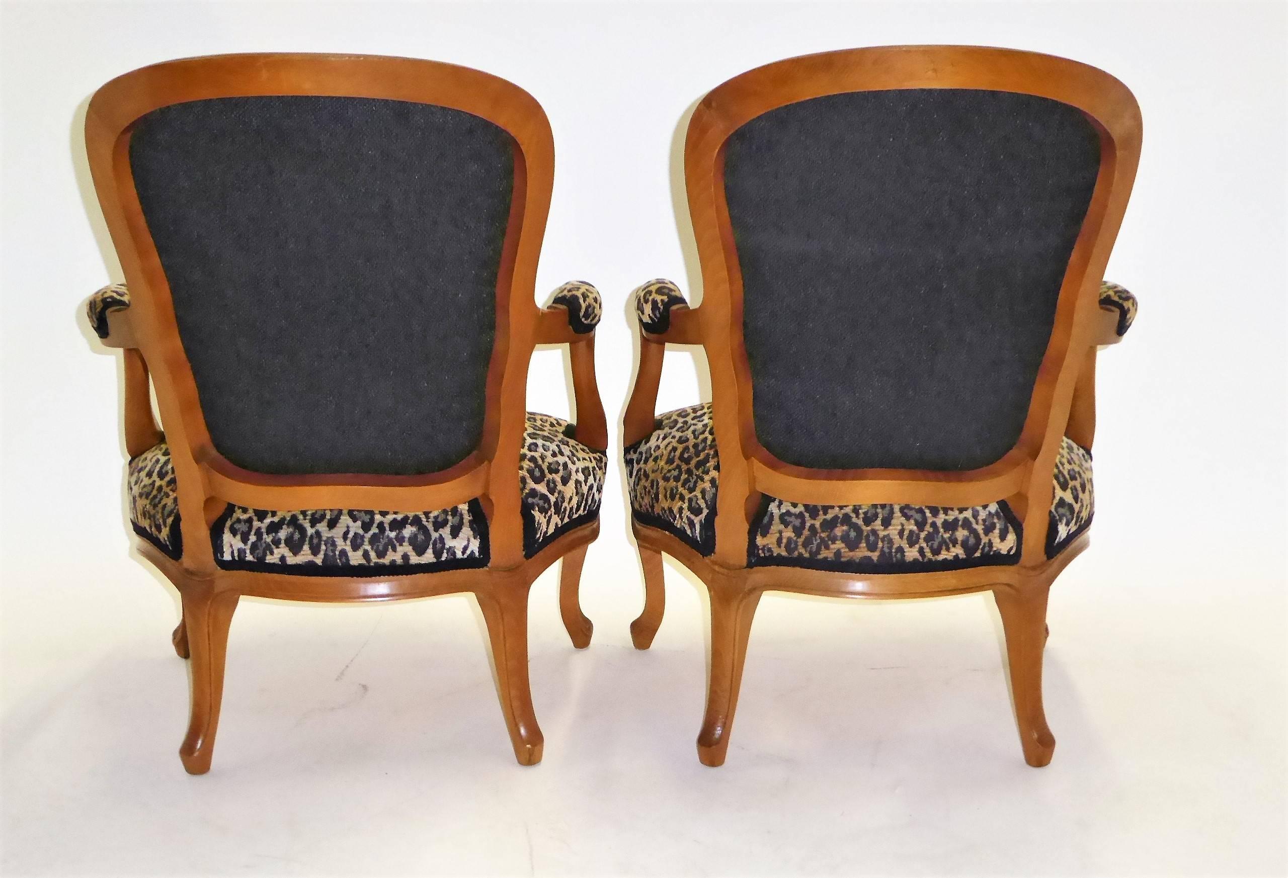 Greek  Pair of Louis XV Style Chauffeuses or Fauteuils by Saridis in Leopard Chenille 