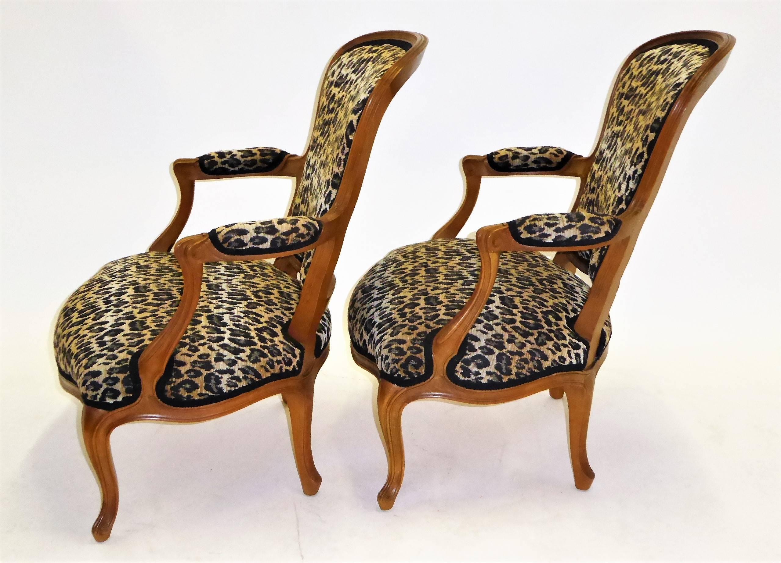 Mid-20th Century  Pair of Louis XV Style Chauffeuses or Fauteuils by Saridis in Leopard Chenille 