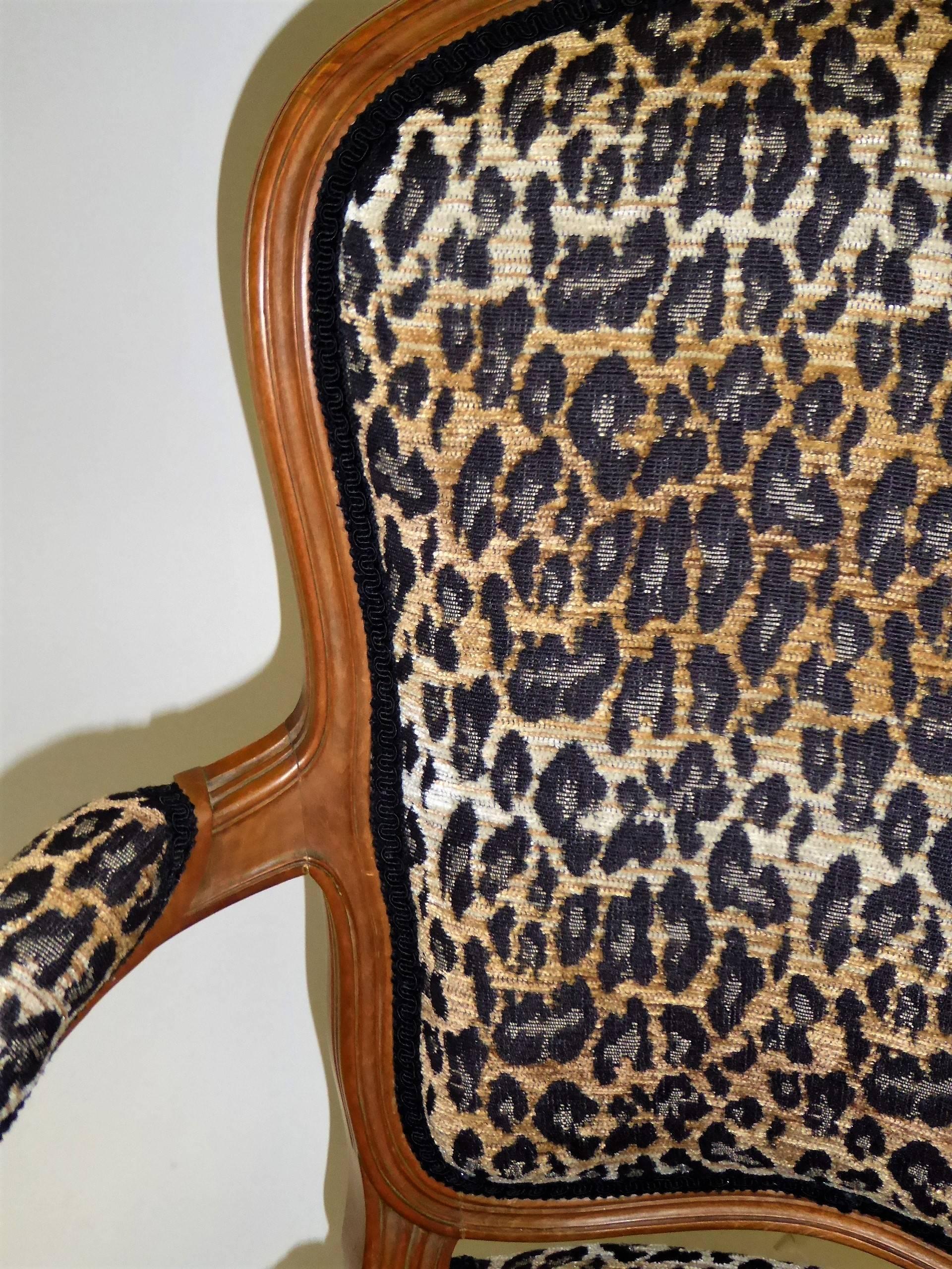  Pair of Louis XV Style Chauffeuses or Fauteuils by Saridis in Leopard Chenille  1