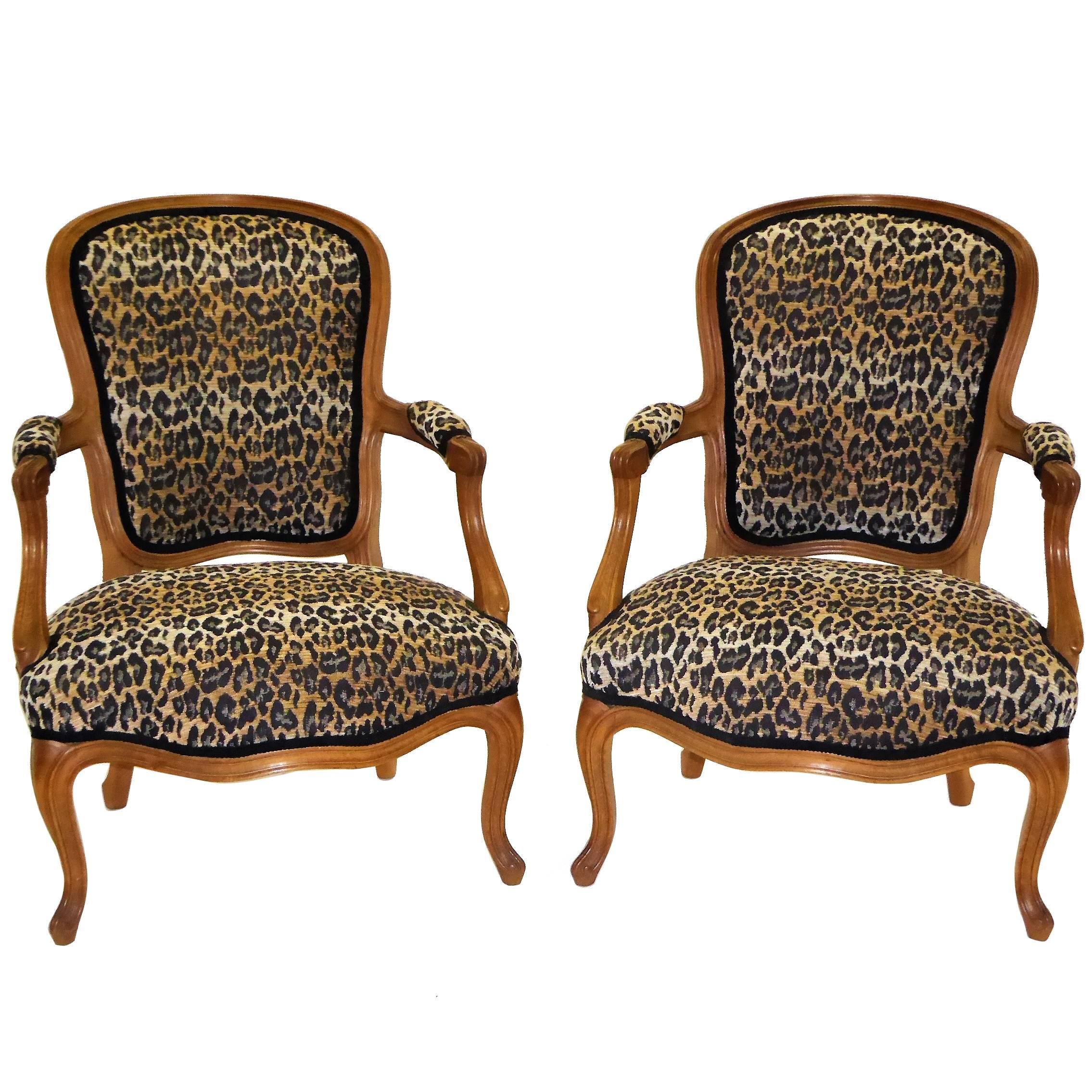  Pair of Louis XV Style Chauffeuses or Fauteuils by Saridis in Leopard Chenille 