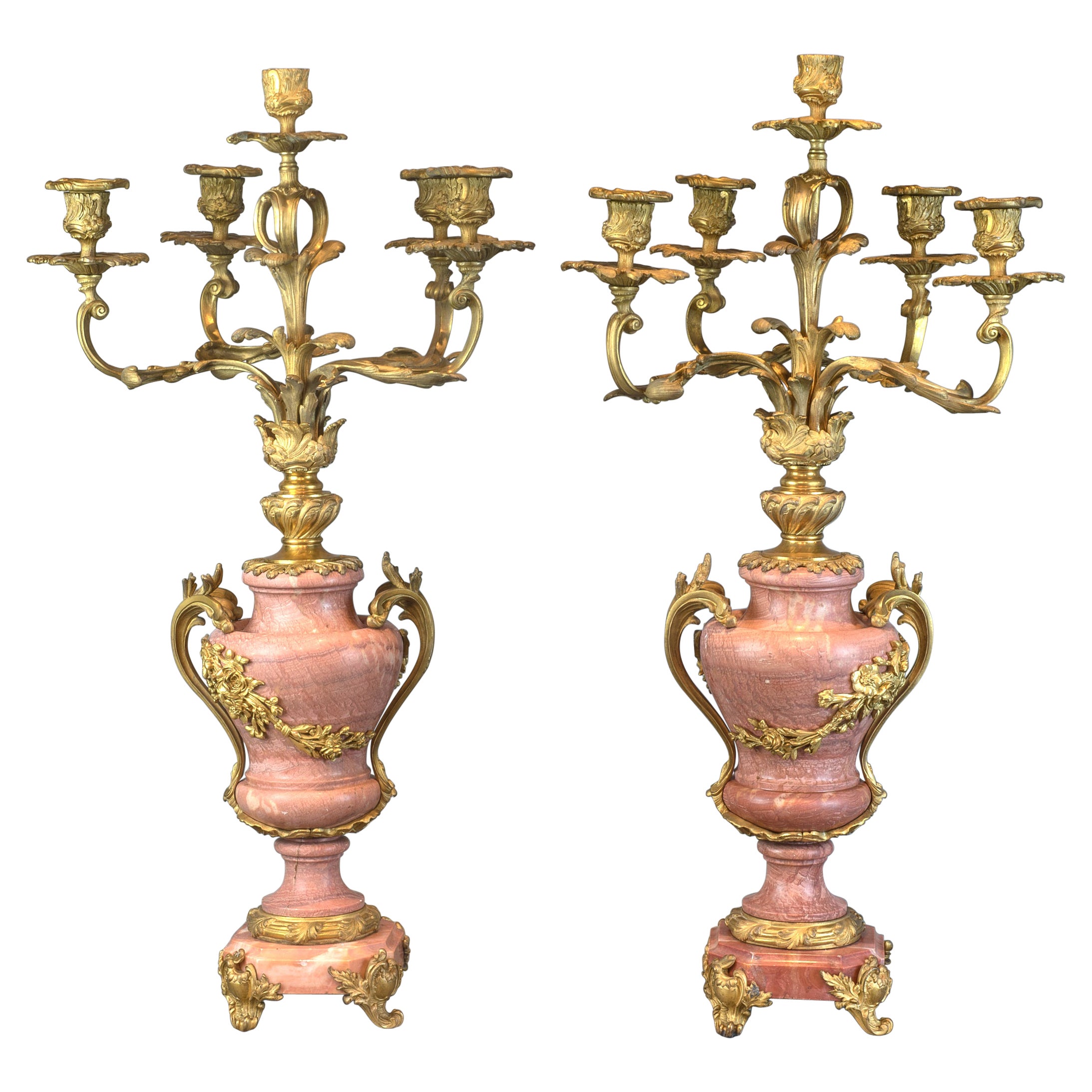 Fine Pair of Louis XV-Style Gilt Bronze and Pink Marble Candelabra