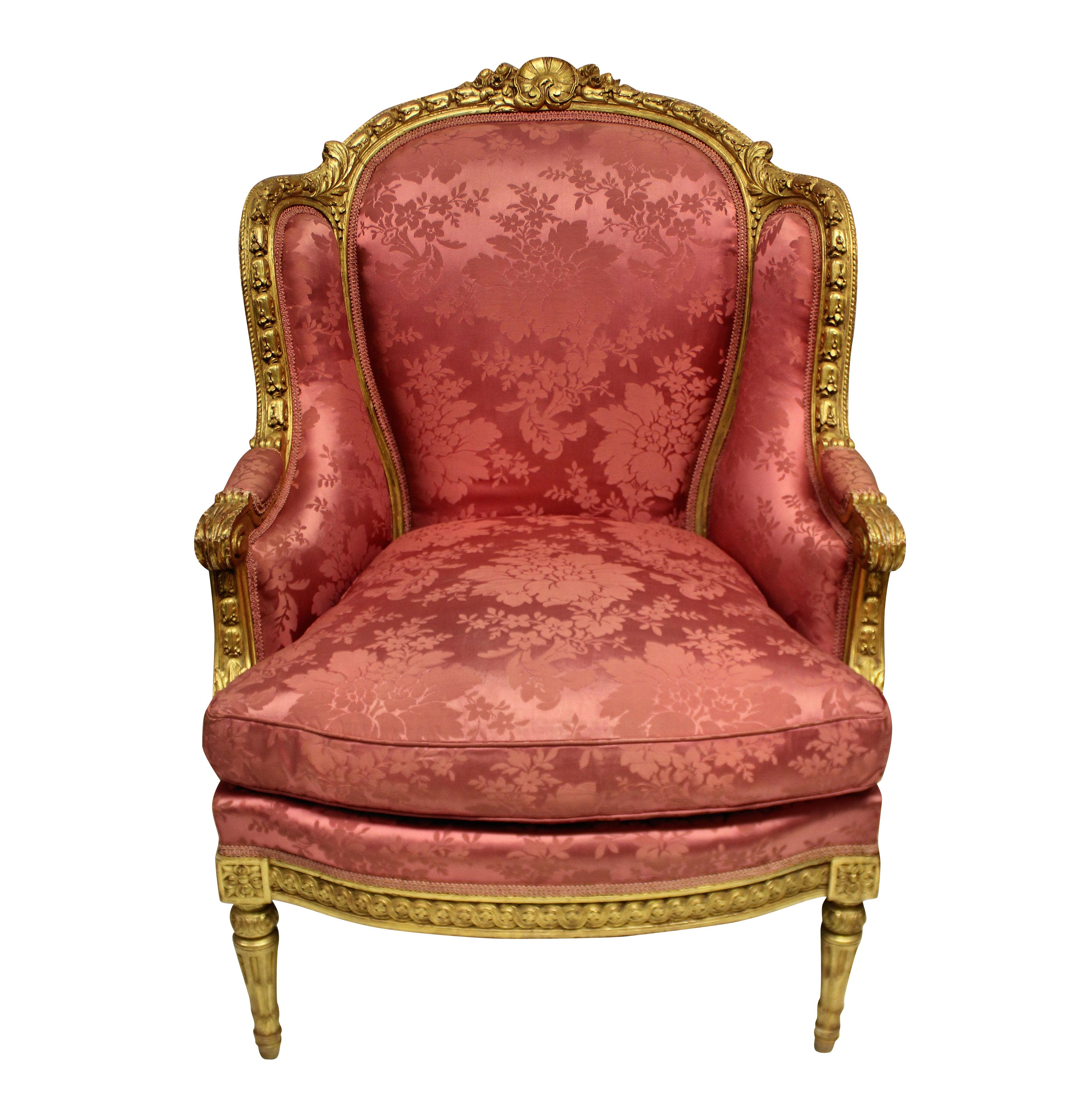 A fine pair of Louis XVI bergère a Oreilles, carved, water gilded and burnished and in pink silk damask. The upholstery dates to the mid 20th century and is in good condition.

Full provenance available.