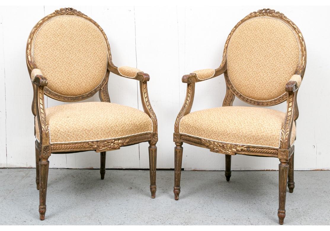 Fine Pair Of Louis XVI Style Antique Arm Chairs In Good Condition For Sale In Bridgeport, CT