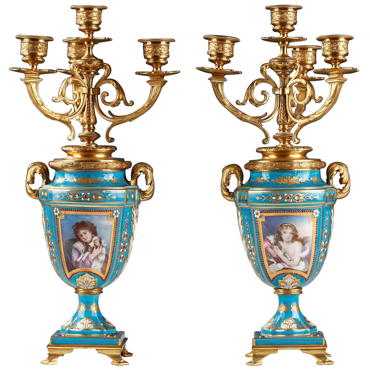 Pair of Louis XVI Style "Sèvres" Porcelain Candelabra Vases, France, Circa 1880 For Sale