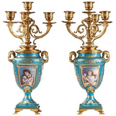 Antique Pair of Louis XVI Style "Sèvres" Porcelain Candelabra Vases, France, Circa 1880