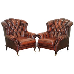 Vintage Fine Pair of Made in England Winchester Oxblood Leather Chesterfield Armchairs