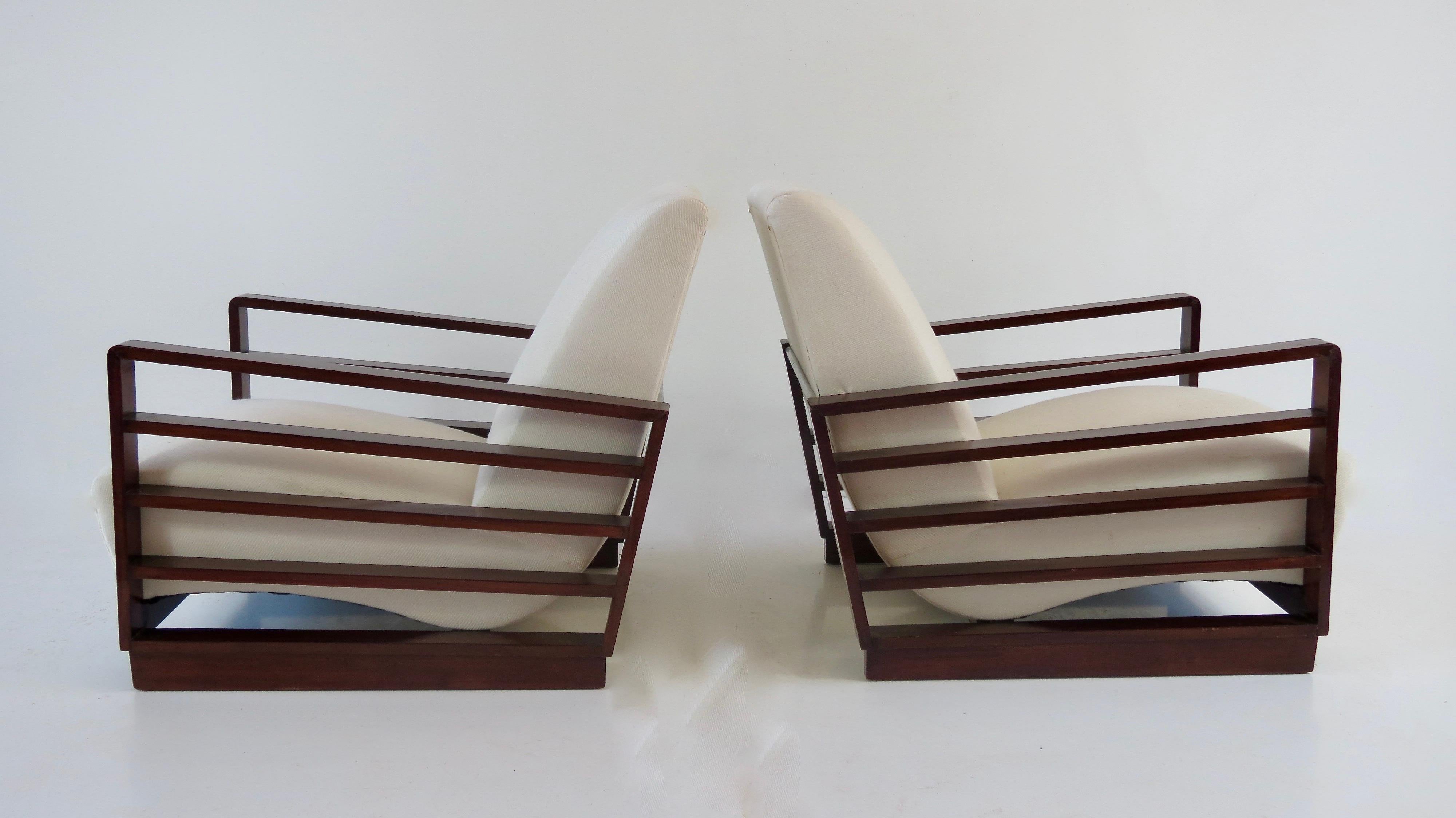 Art Deco Fine Pair of Mario Quarti Rationalist Beech White Lounge Chairs, 1940 For Sale