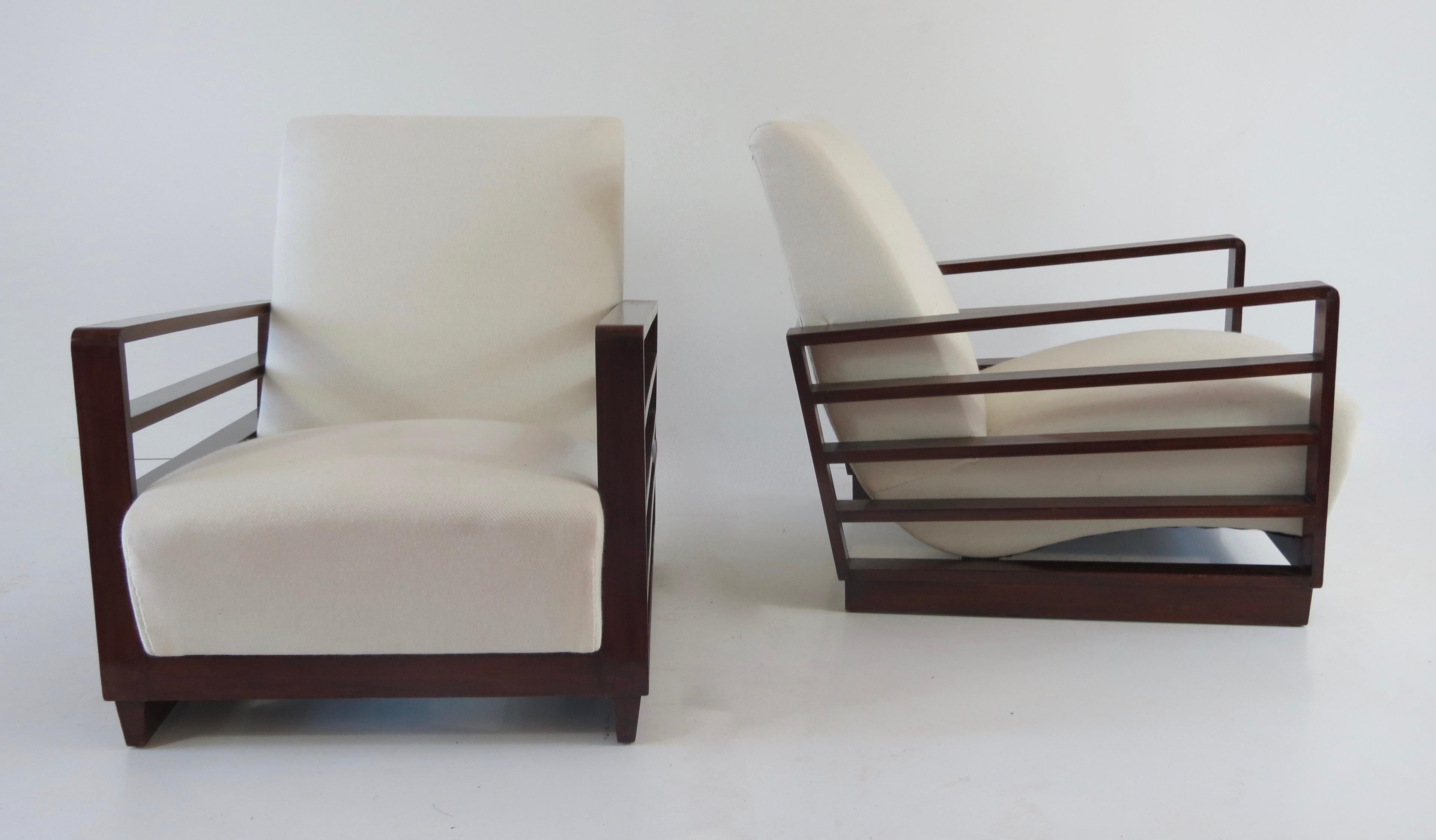 Cotton Fine Pair of Mario Quarti Rationalist Beech White Lounge Chairs, 1940 For Sale