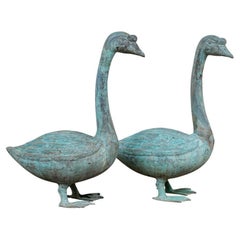 Vintage Fine Pair Of Massive Bronze Garden Geese