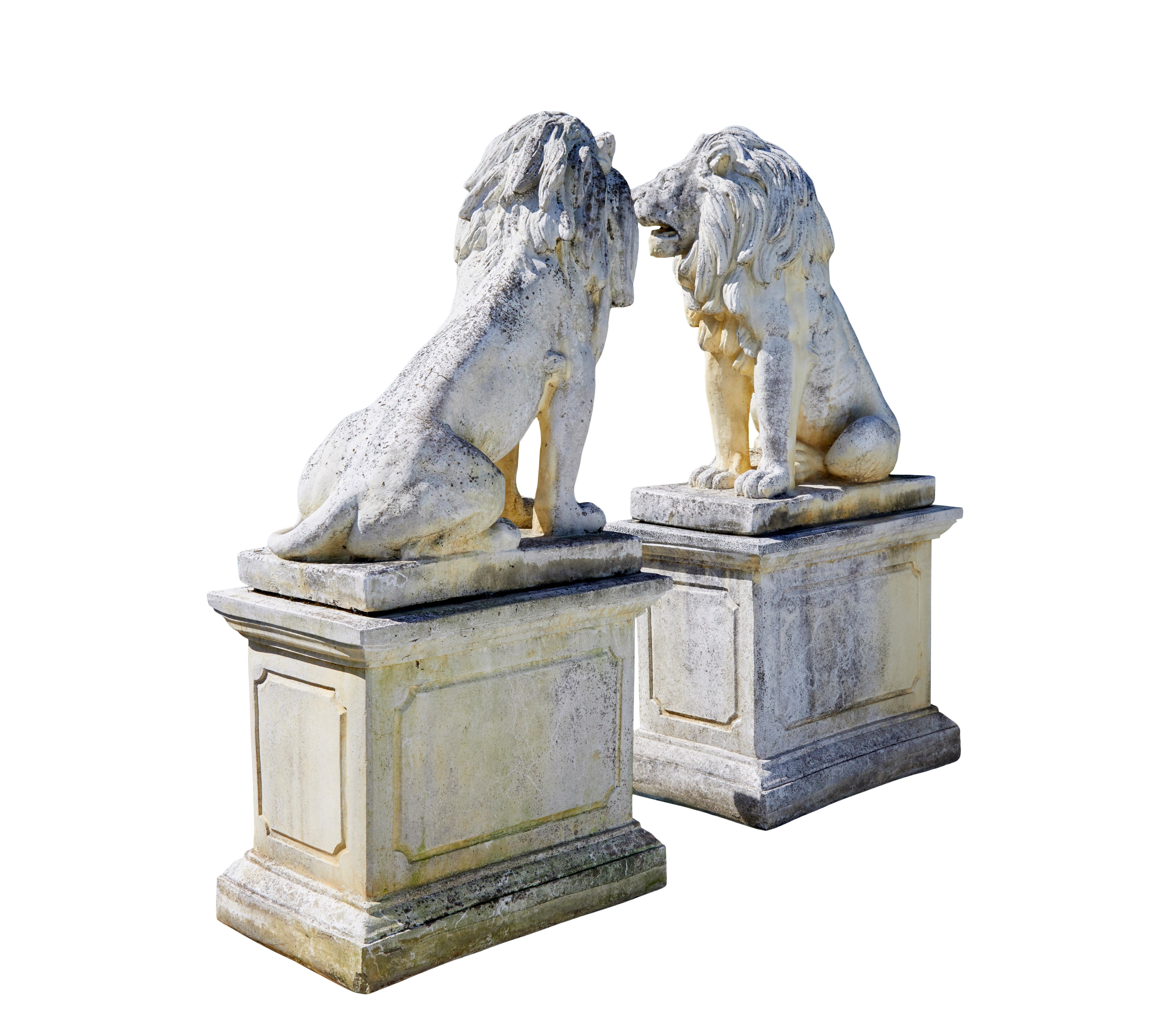 Fine pair of mid century carved stone lion statues For Sale 4