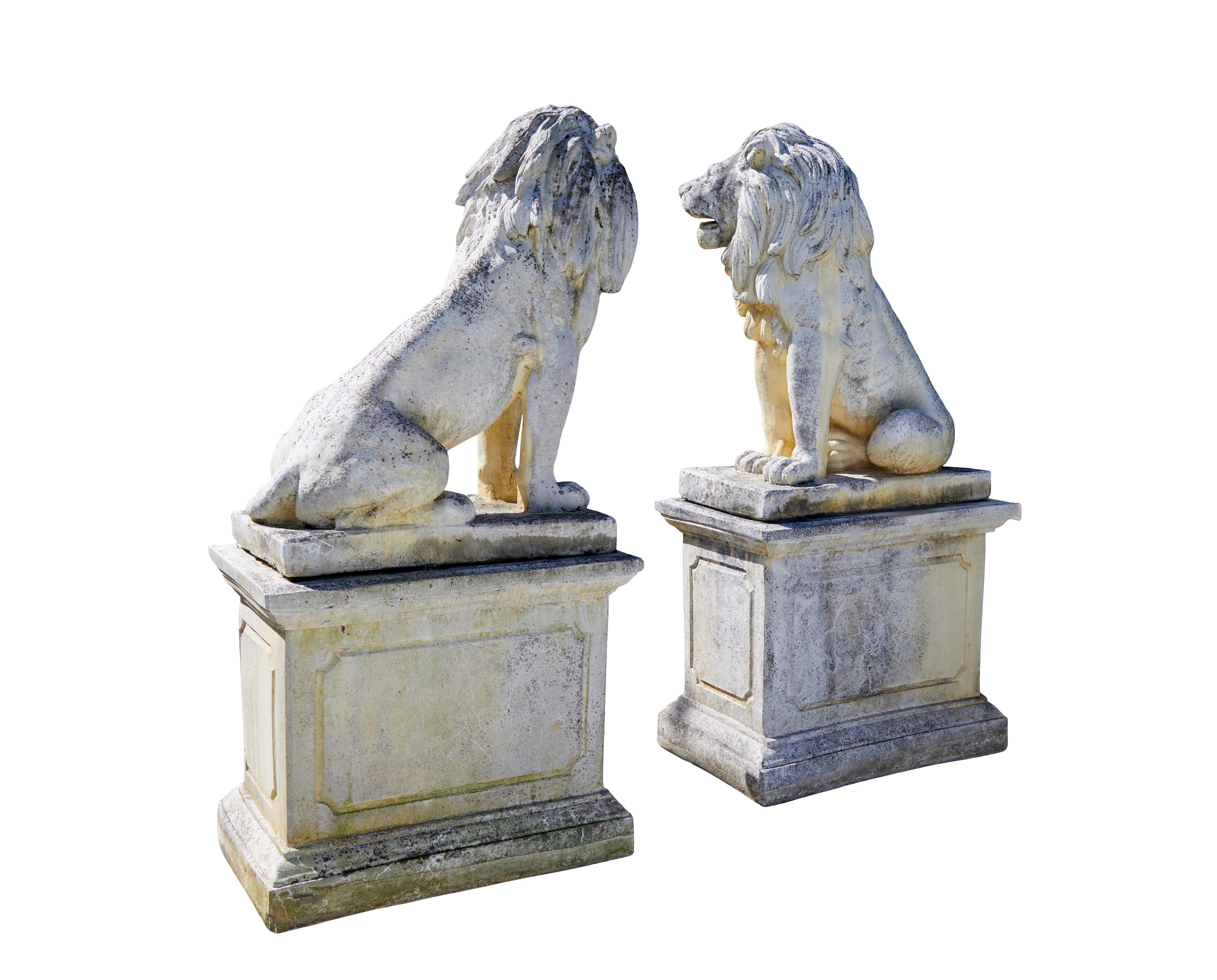 Fine pair of mid century carved stone lion statues For Sale 6