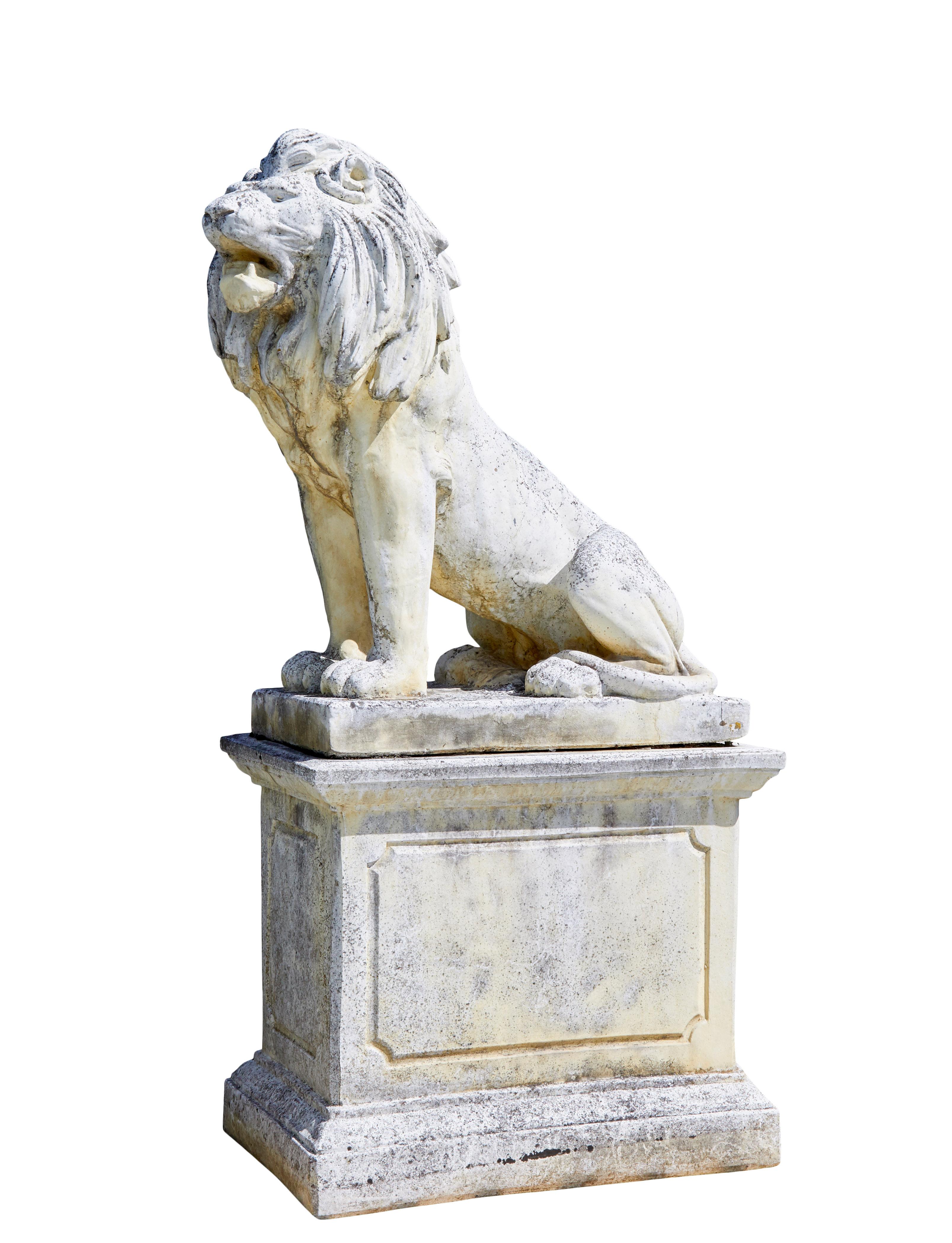 Fine pair of mid century carved stone lions circa 1970.

Made from re-constituted stone and have been outside our shop ever since.

Lions with slight differing stances, fixed to pedestal bases and signed at each base papini.A,  which stands for