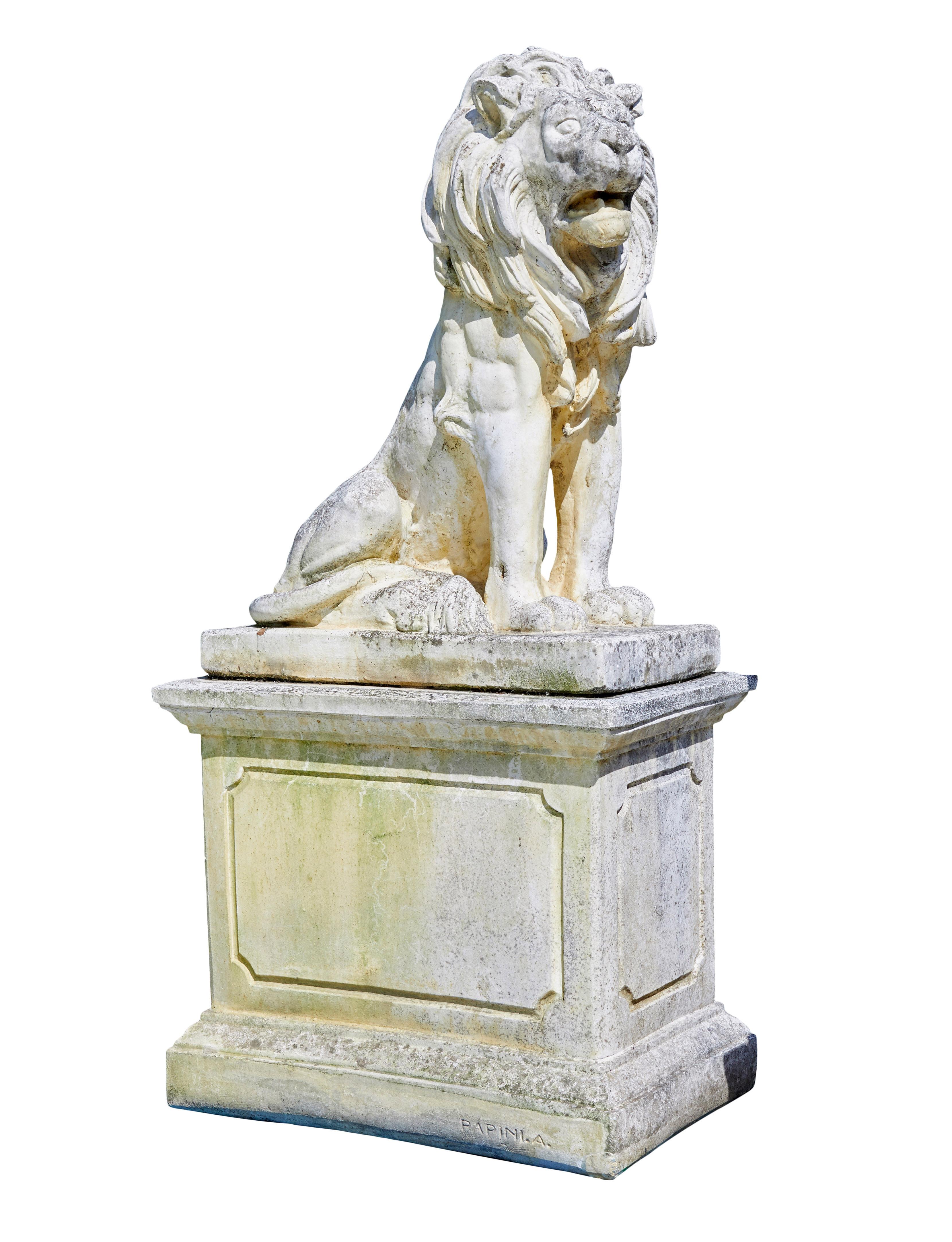 Georgian Fine pair of mid century carved stone lion statues For Sale