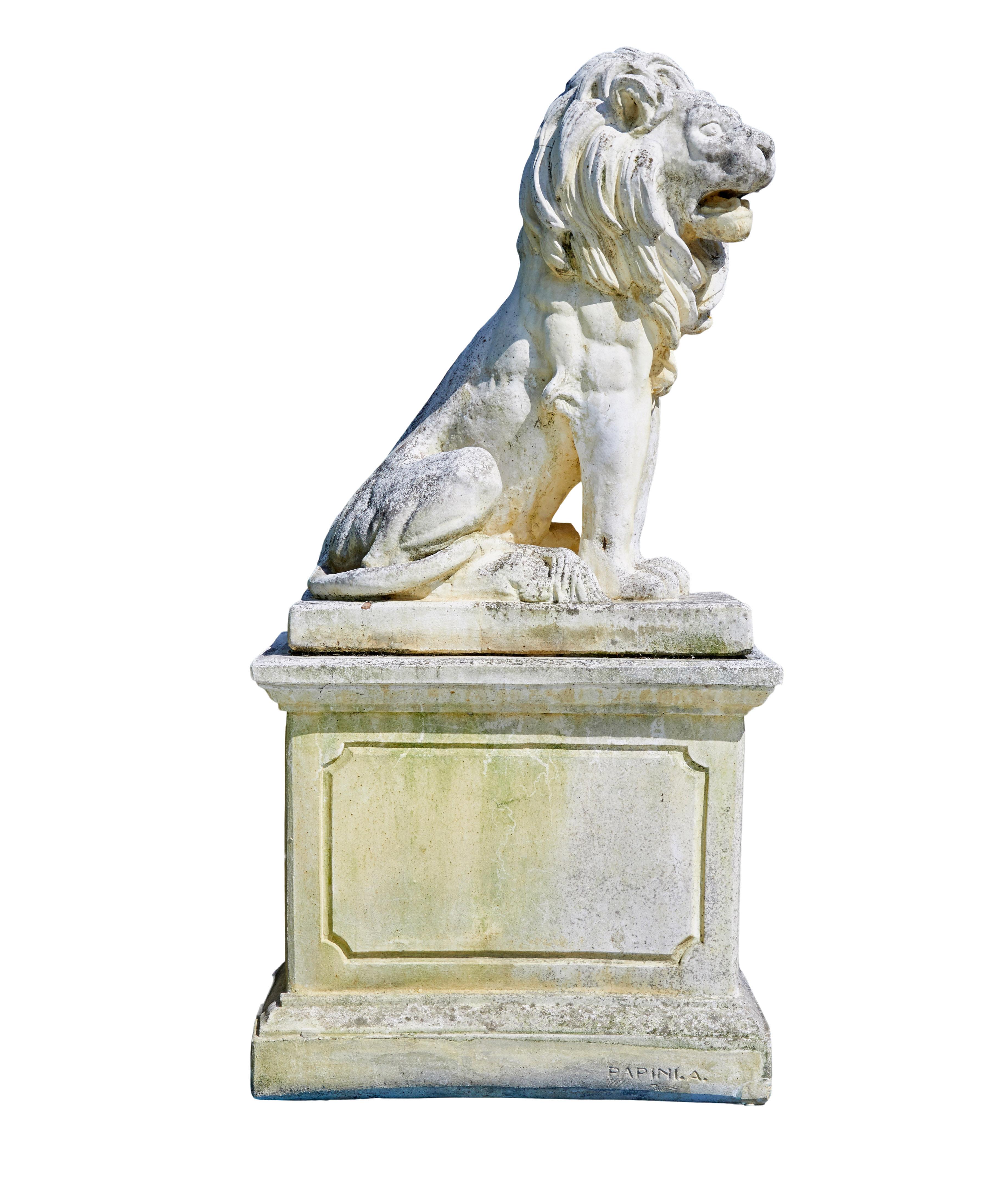 Italian Fine pair of mid century carved stone lion statues For Sale